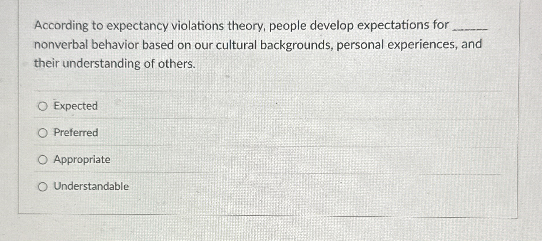  According to expectancy violations theory, people develop expectations for ______ nonverbal