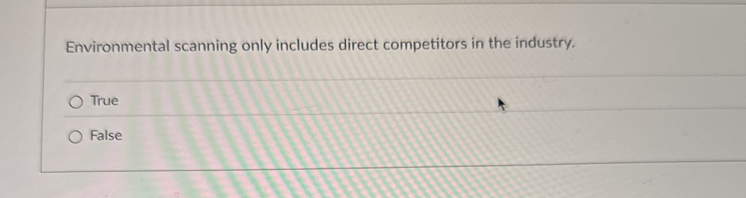  Environmental scanning only includes direct competitors in the industry. True False