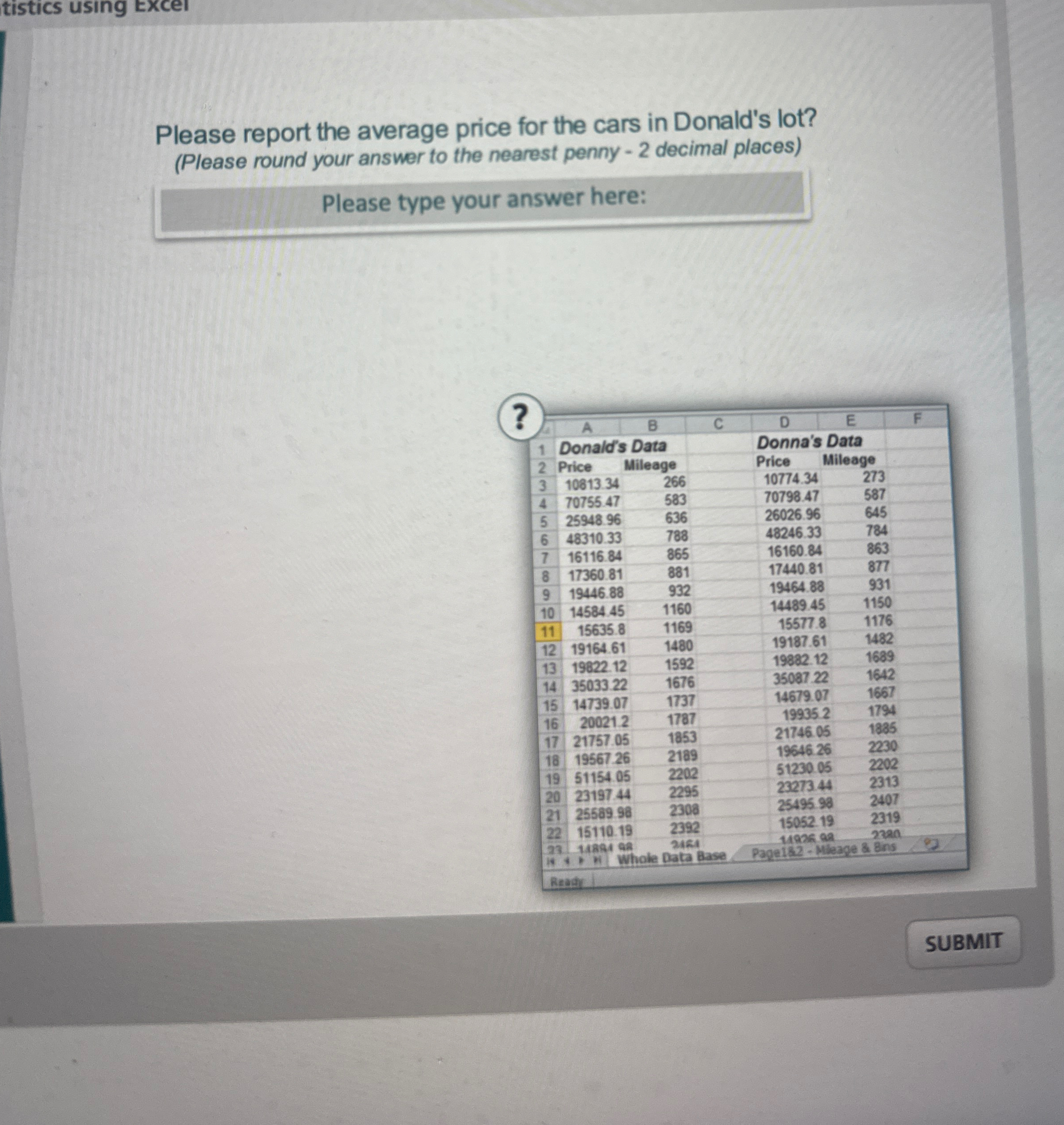  tistics using excel Please report the average price for the cars