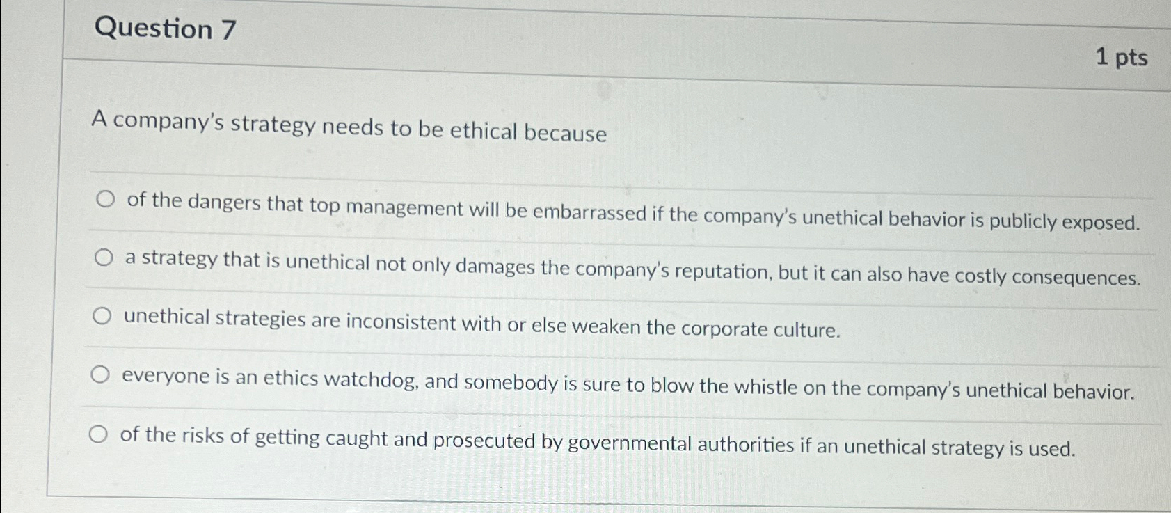  Question 7 1pts A company's strategy needs to be ethical because