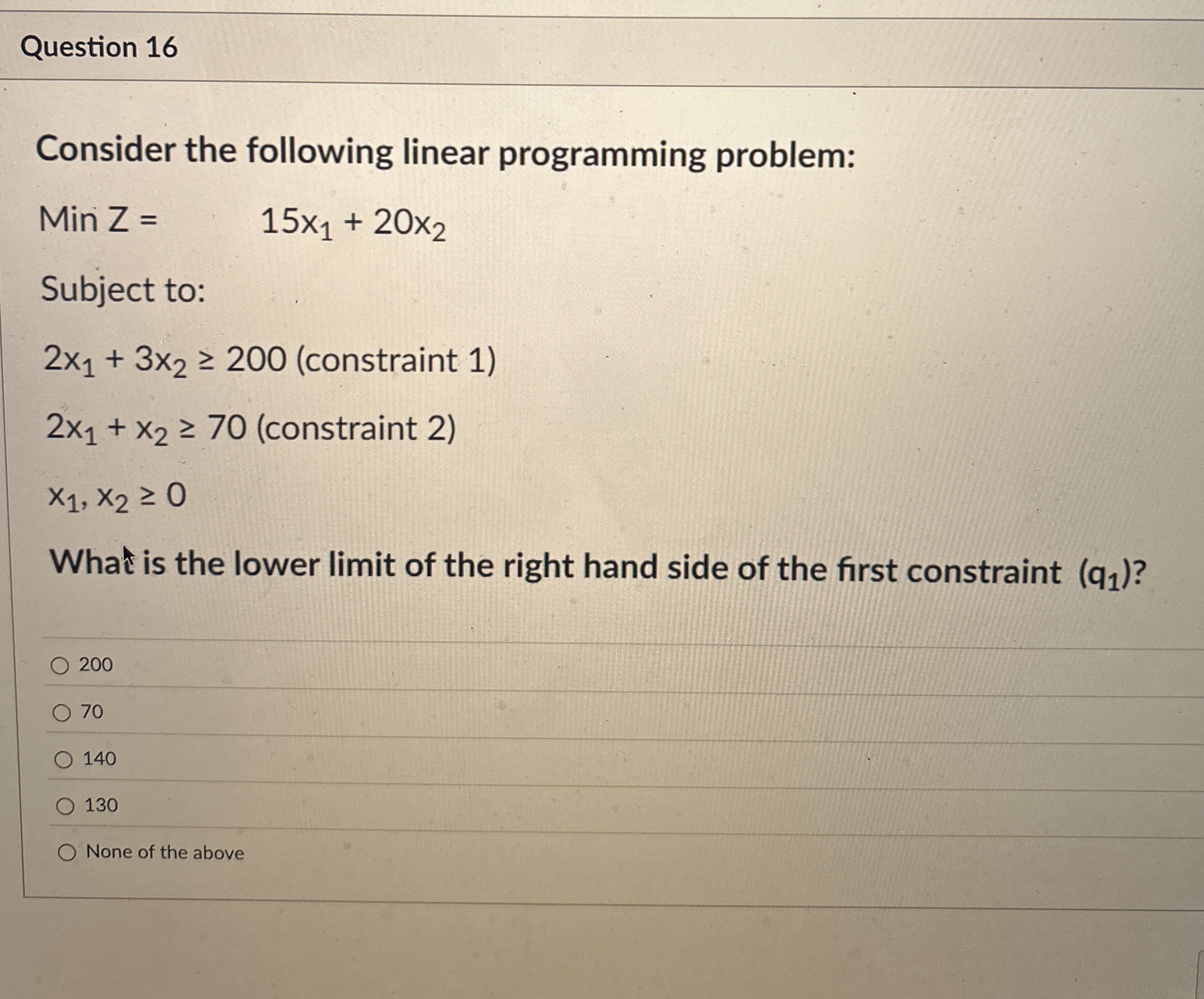  Question 16 Consider the following linear programming problem: MinZ=,15x1+20x2 Subject to: