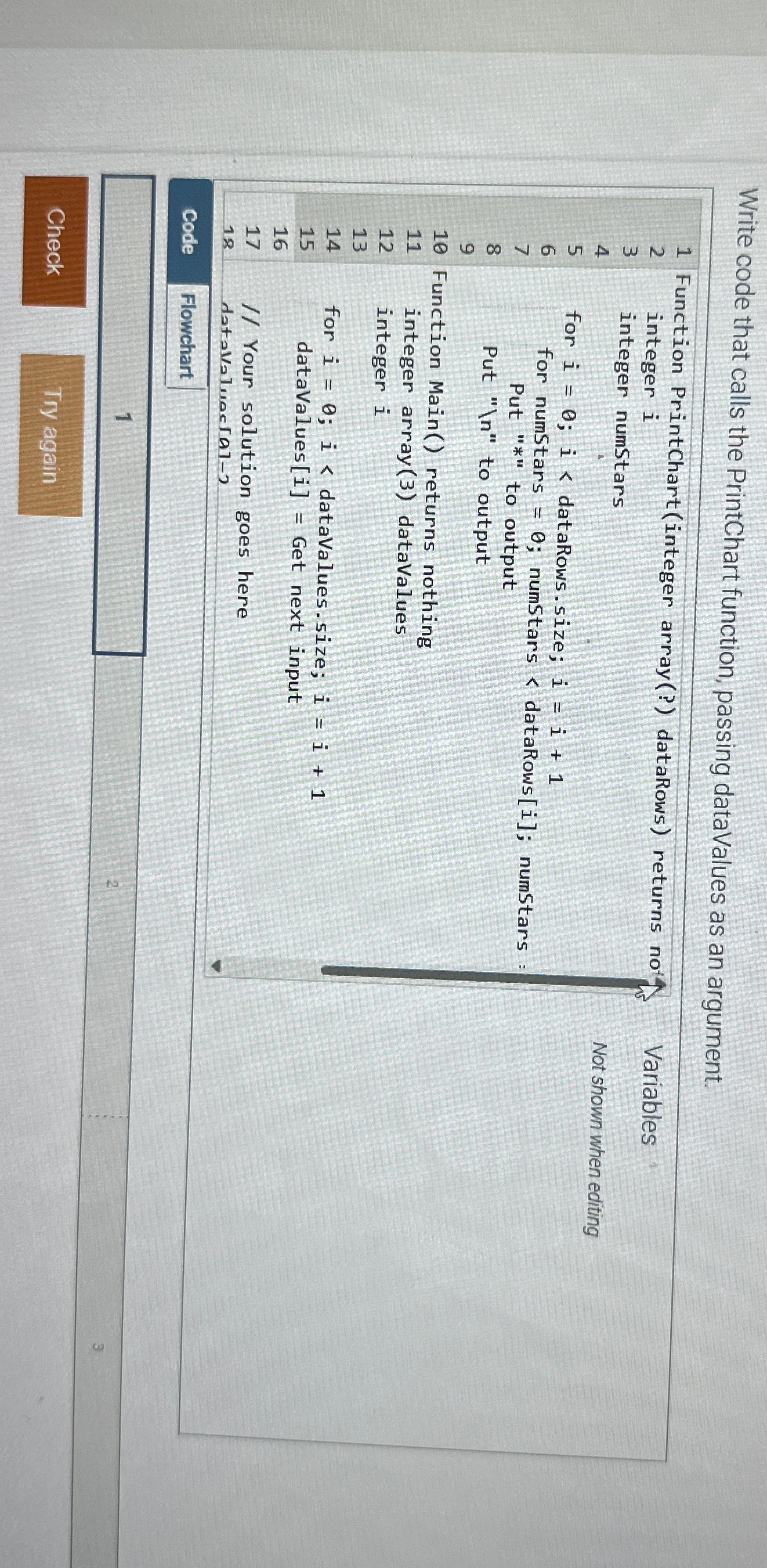  Write code that calls the PrintChart function, passing dataValues as an