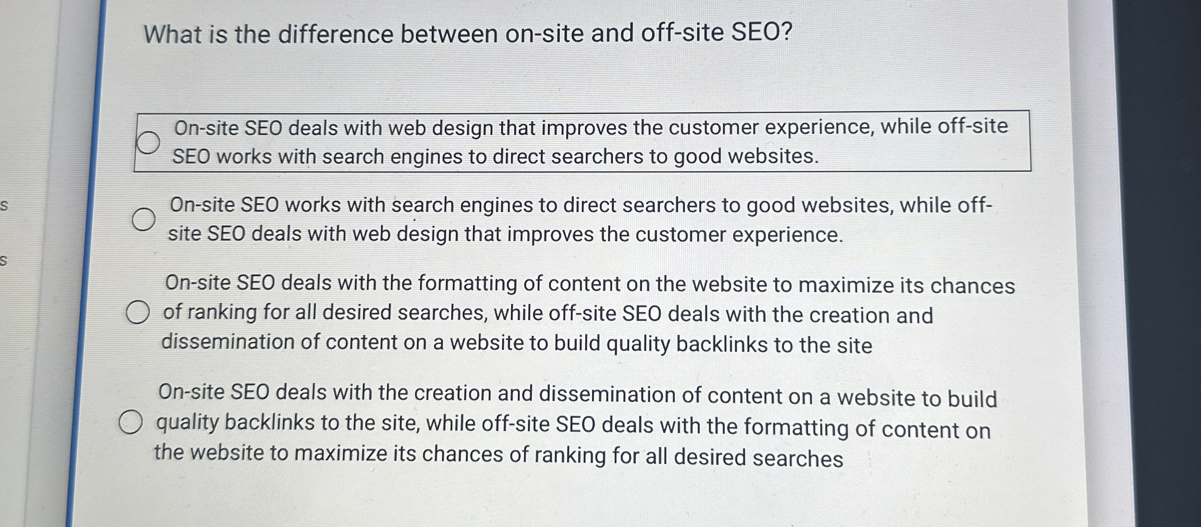  What is the difference between on-site and off-site SEO? On-site SEO