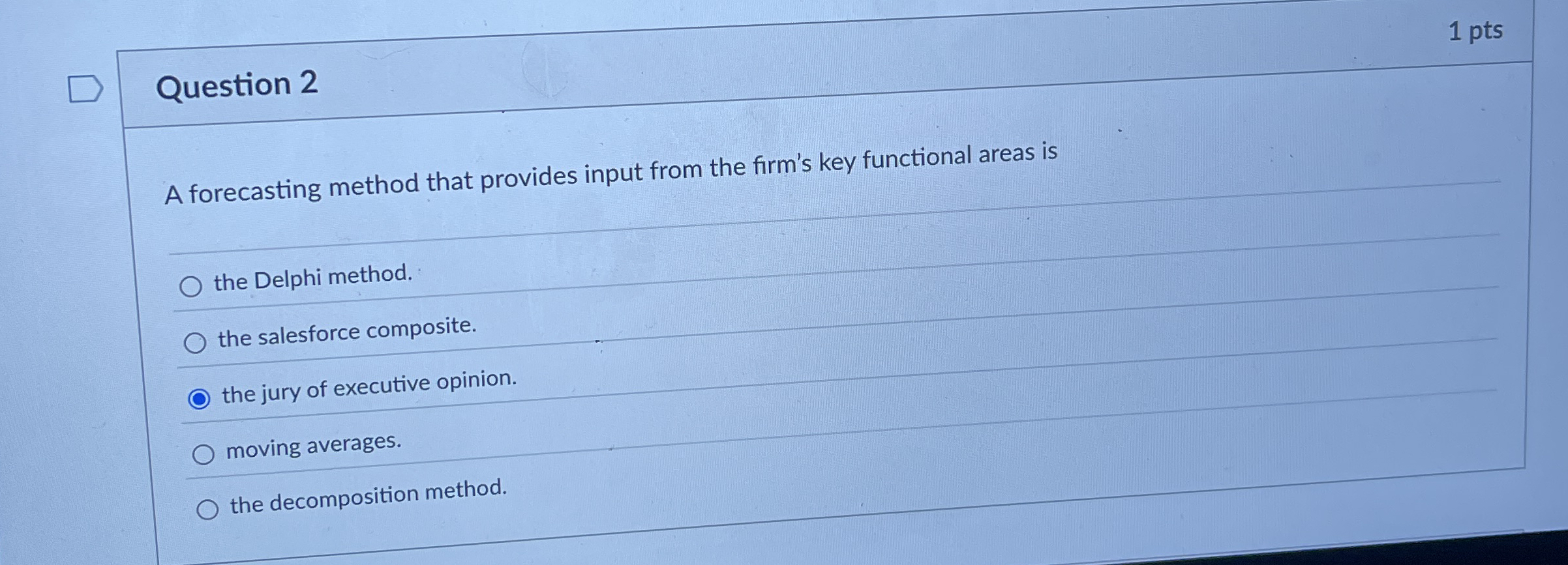  1 pts Question 2 A forecasting method that provides input from
