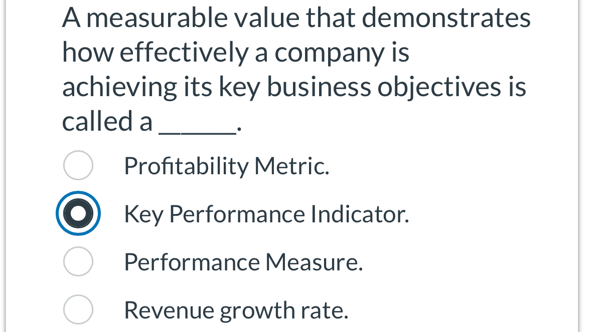  A measurable value that demonstrates how effectively a company is achieving