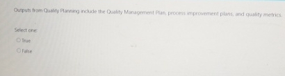  Outputs from Qualify Panning nckude the Quality Management Pan, process improvement