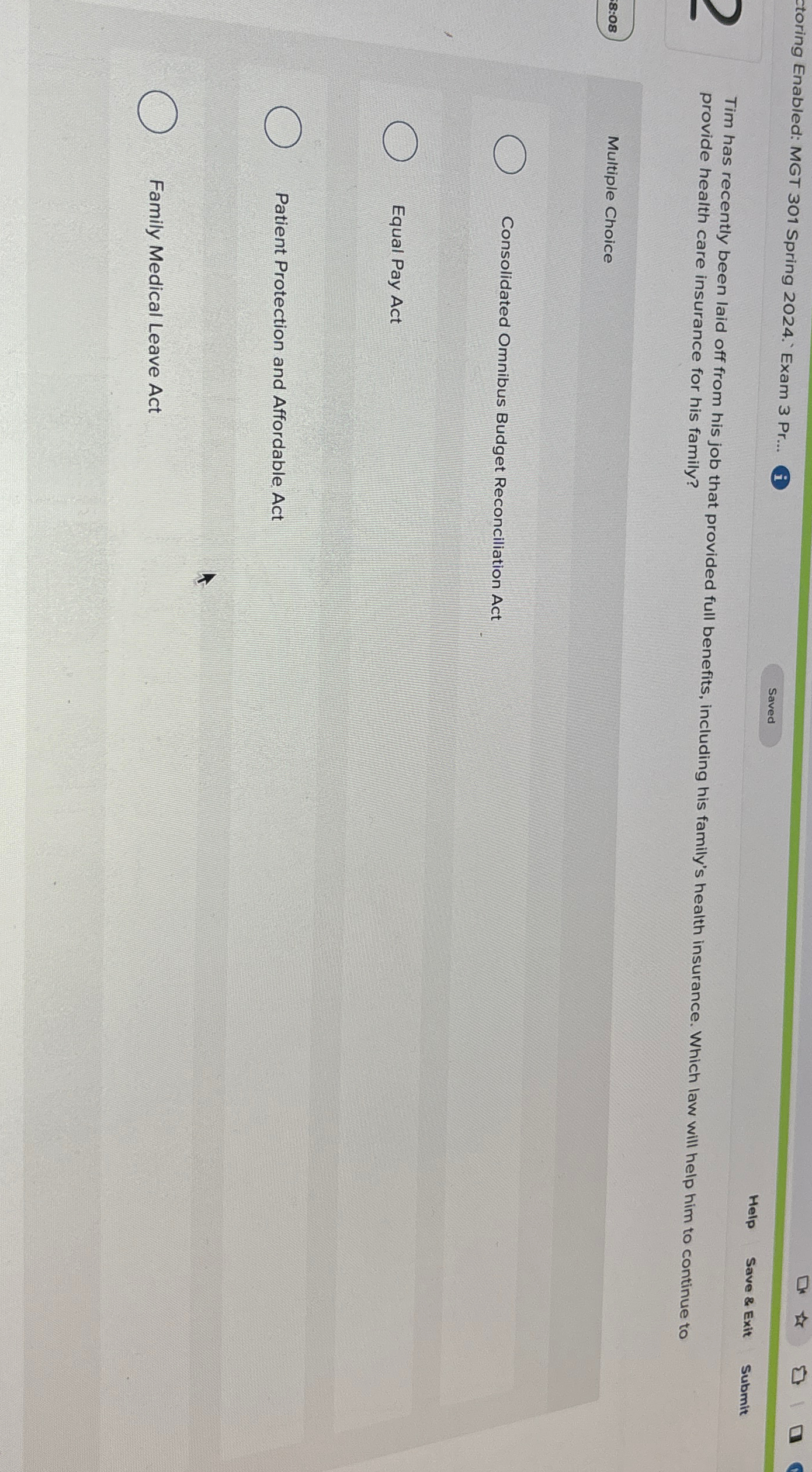  ctoring Enabled: MGT 301 Spring 2024. Exam 3 Pr... Help Save