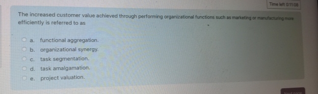  The increased customer value achieved through performing organizational functions such as