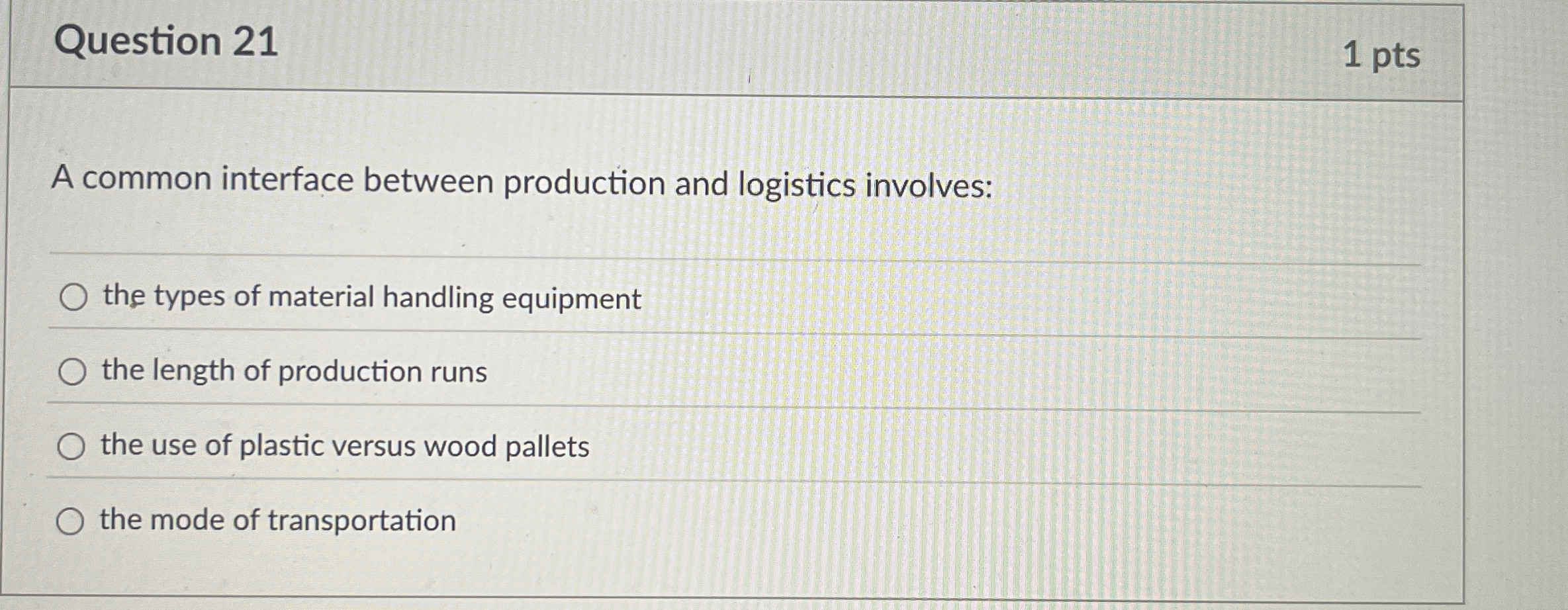  Question 21 A common interface between production and logistics involves: the