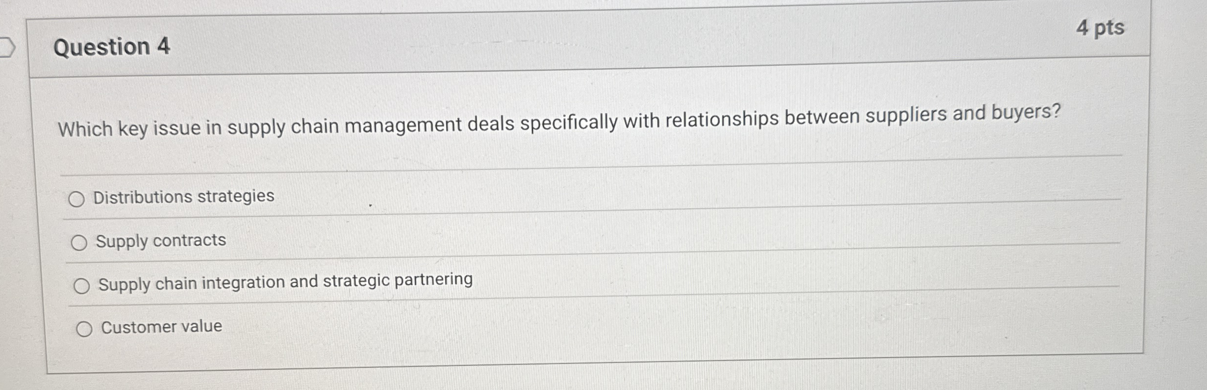  Question 4 4 pts Which key issue in supply chain management