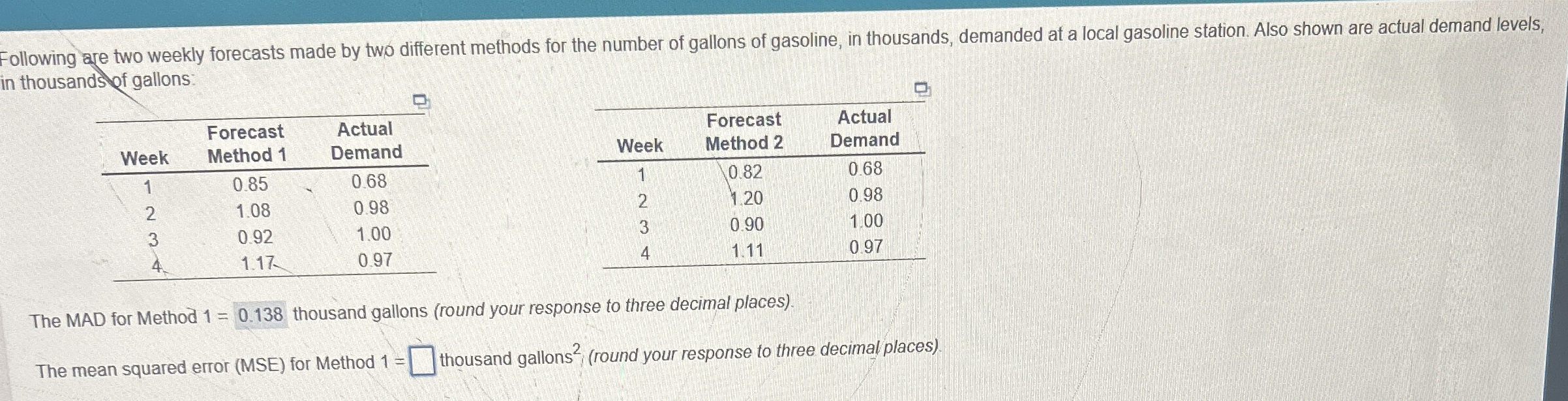  Following are two weekly forecasts made by two different methods for
