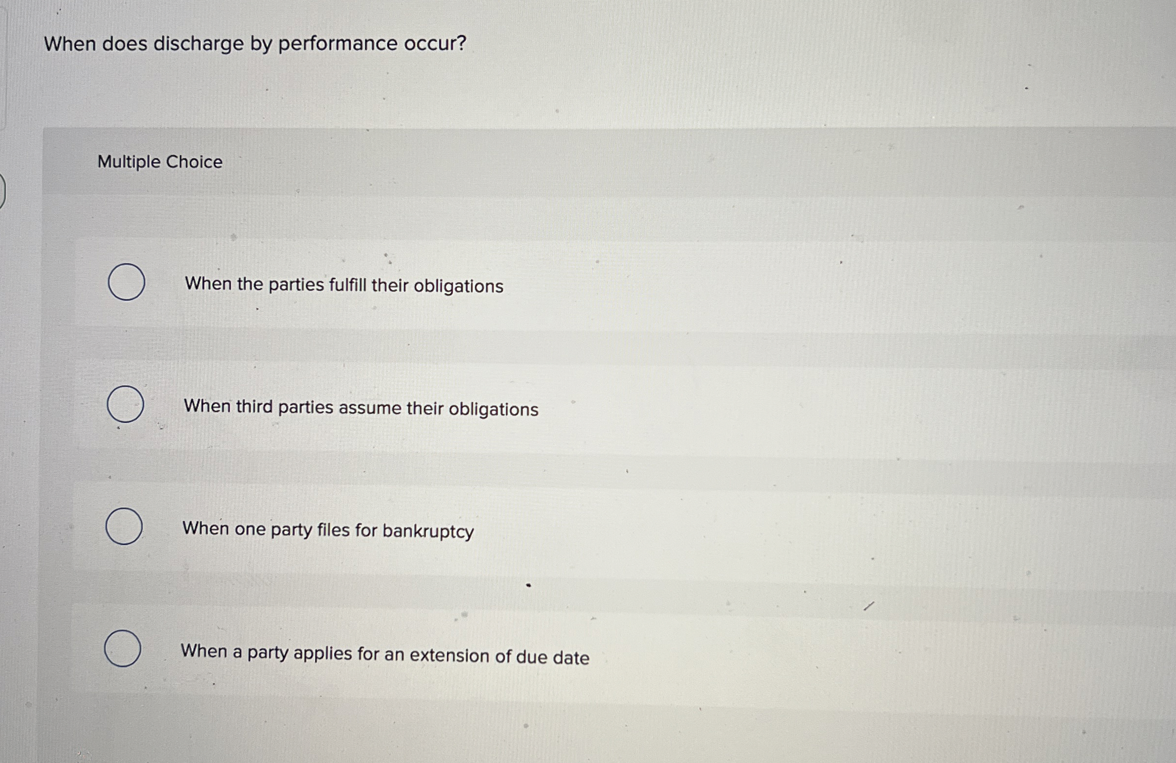  When does discharge by performance occur? Multiple Choice When the parties