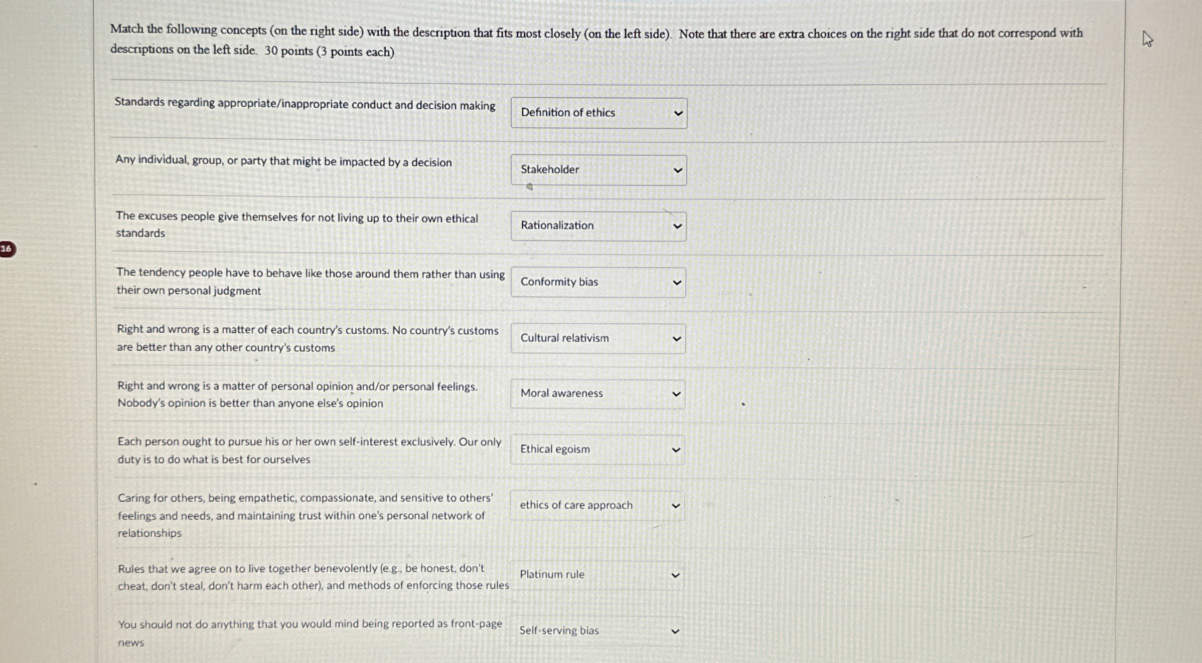  Match the following concepts (on the right side) with the description