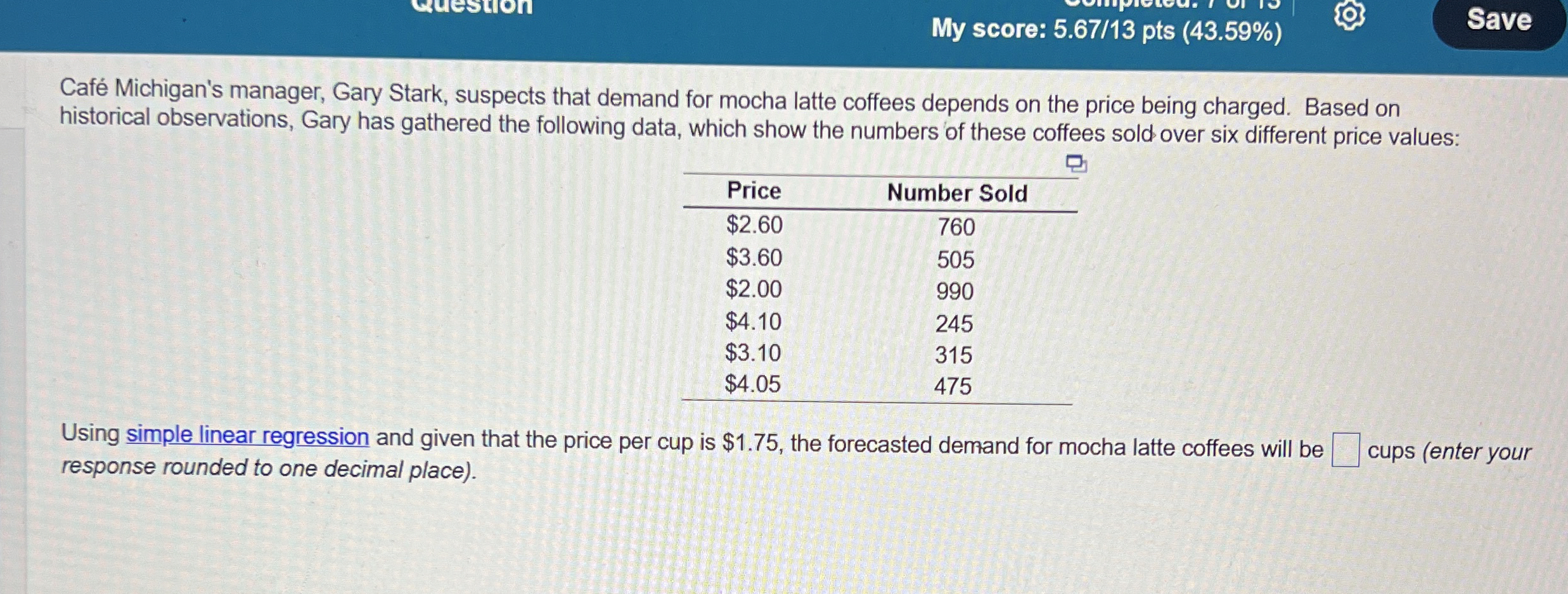  Caf Michigan's manager, Gary Stark, suspects that demand for mocha latte