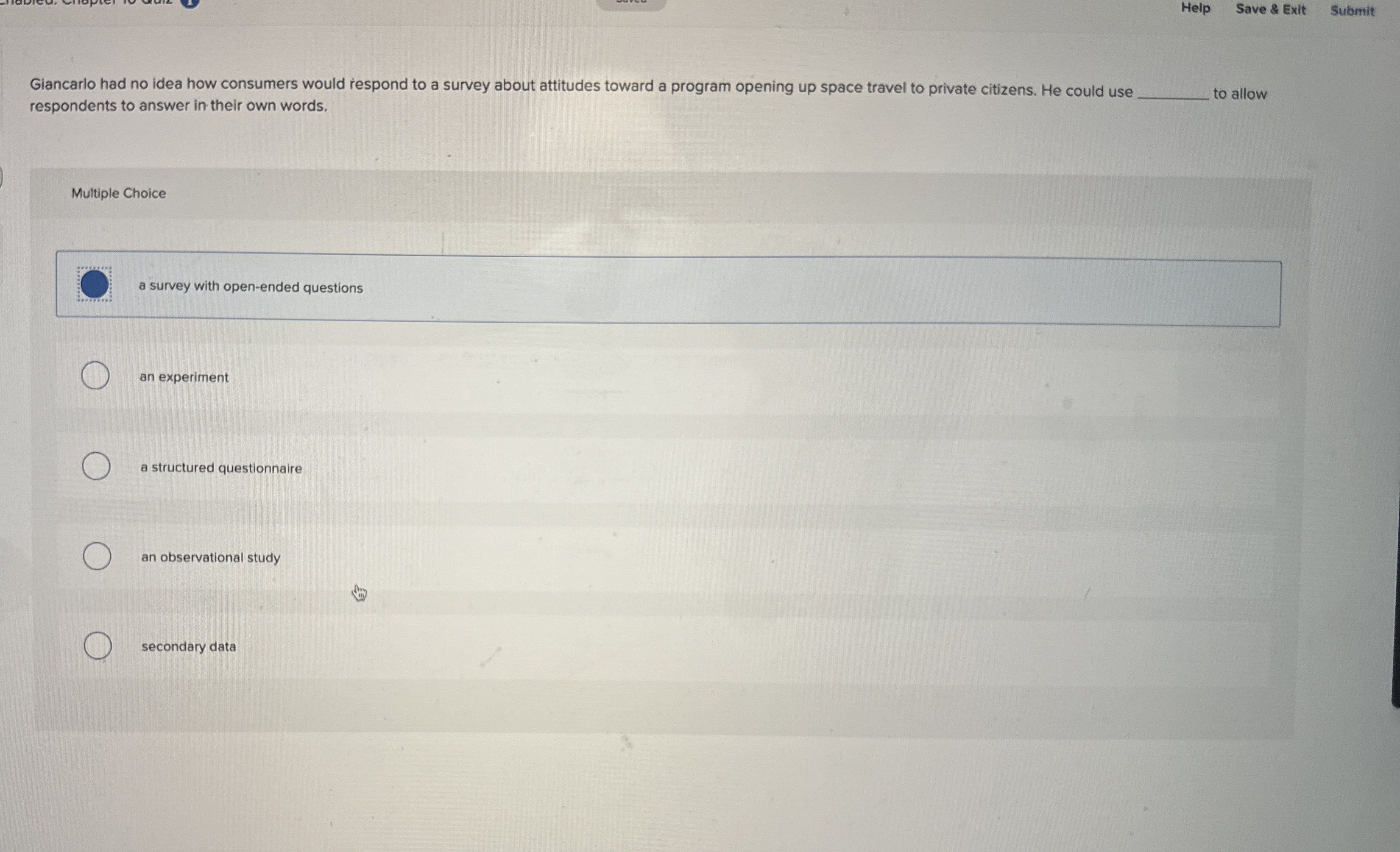  Help Save & Exit Submit Giancarlo had no idea how consumers