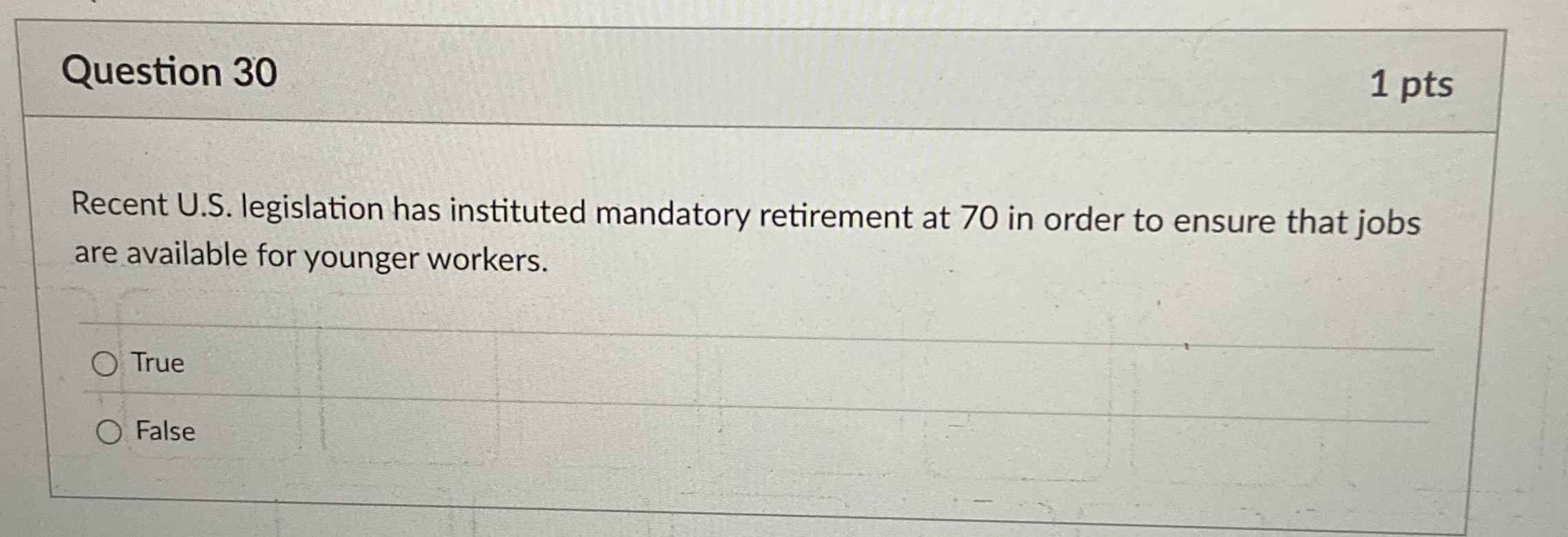  Question 30 1 pts Recent U.S. legislation has instituted mandatory retirement