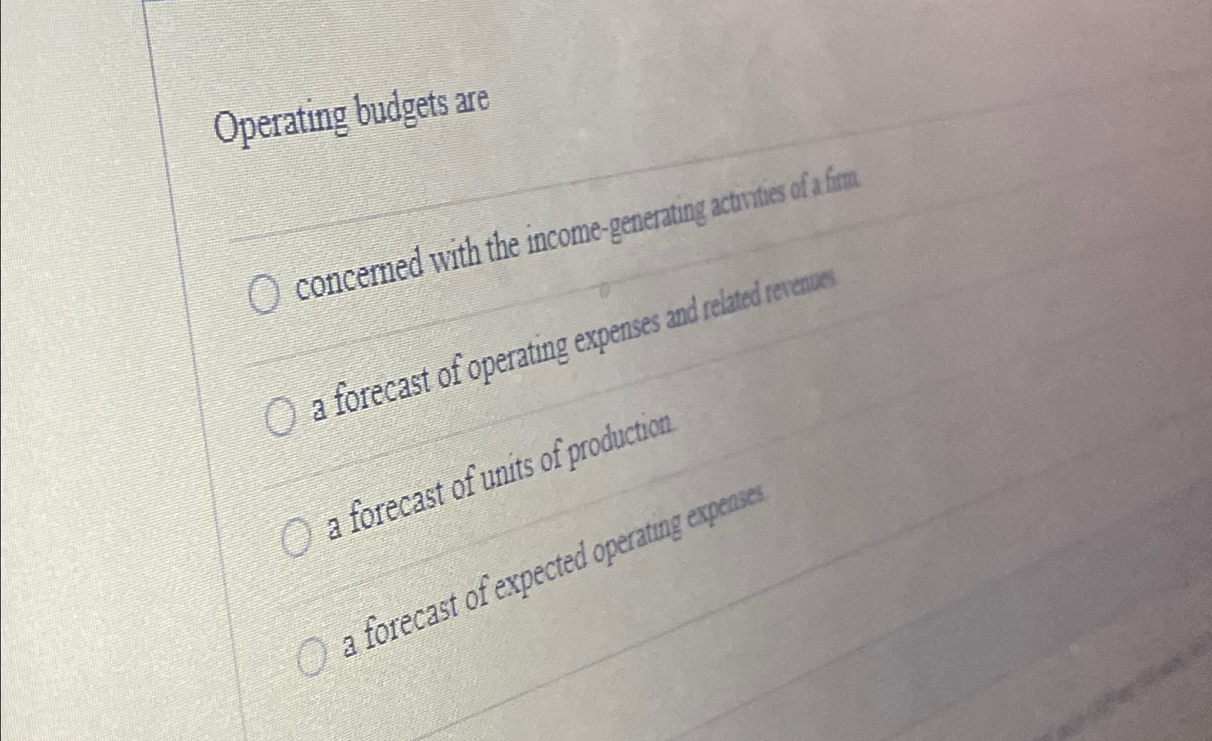  Operating budgets are concemed with the income-generating actintio of a fim