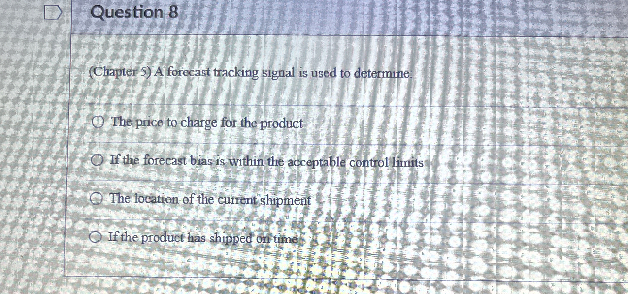  Question 8 (Chapter 5) A forecast tracking signal is used to