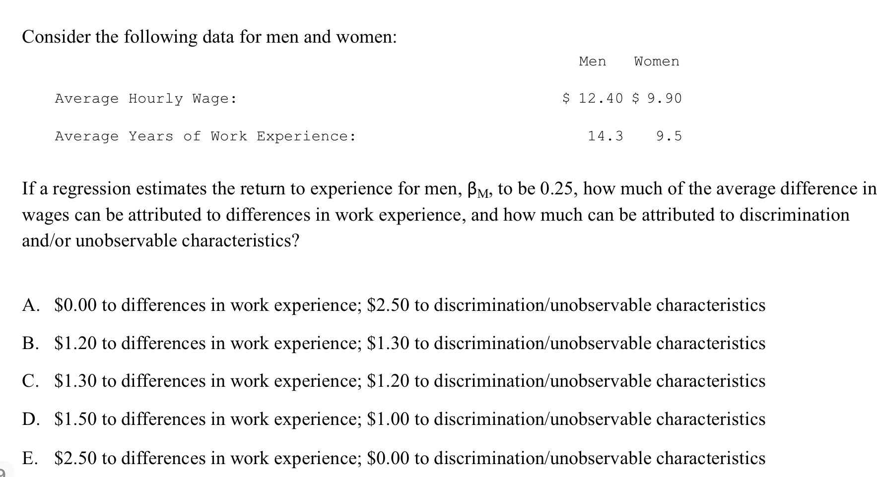  If a regression estimates the return to experience for men, M,tobe0.25,