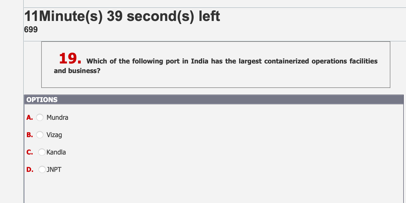  11Minute(s)39 second(s) left 699 Which of the following port in India