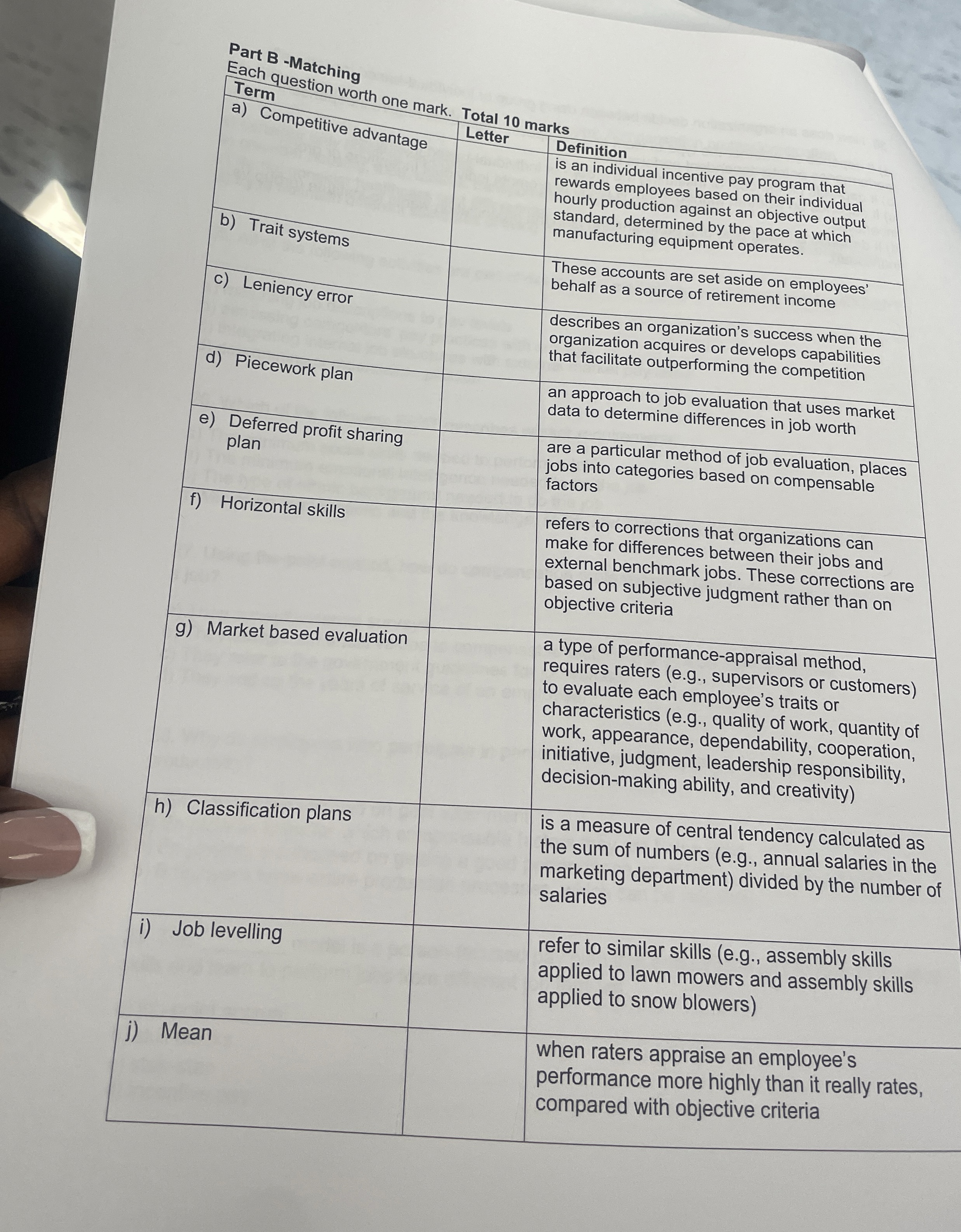  Part B-Matching Each question worth one mark. Total 10 marks Term