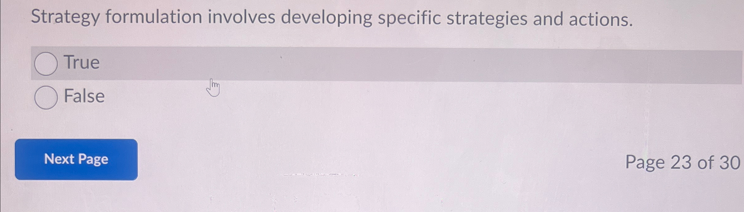  Strategy formulation involves developing specific strategies and actions. True False Page