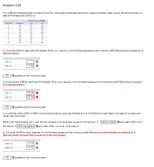  Please answer question b:Problem 3-21 Two different forecasting techniques (F1 and