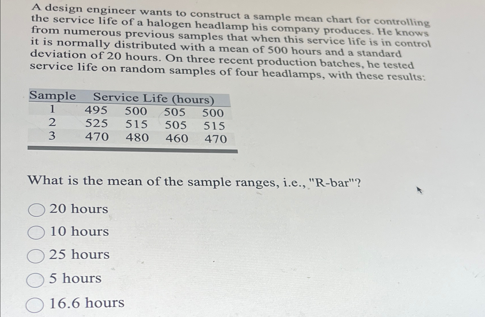  A design engineer wants to construct a sample mean chart for