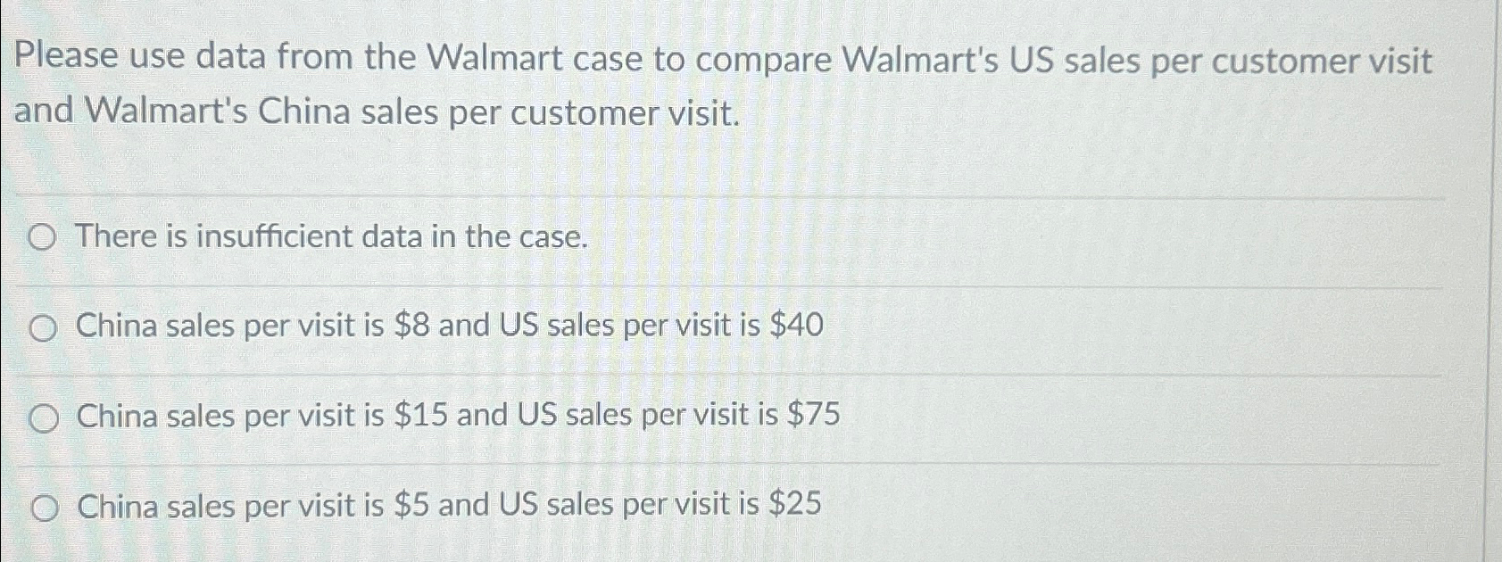  Please use data from the Walmart case to compare Walmart's US