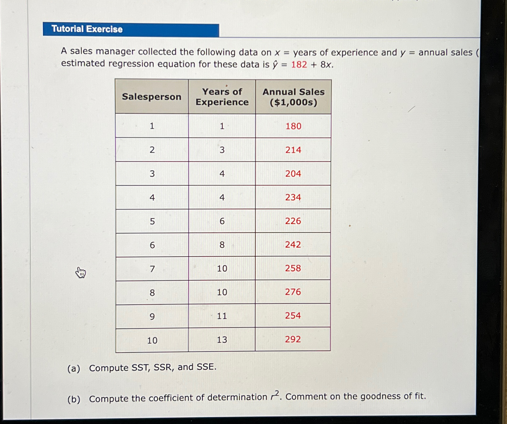  Tutorial Exercise A sales manager collected the following data on x=