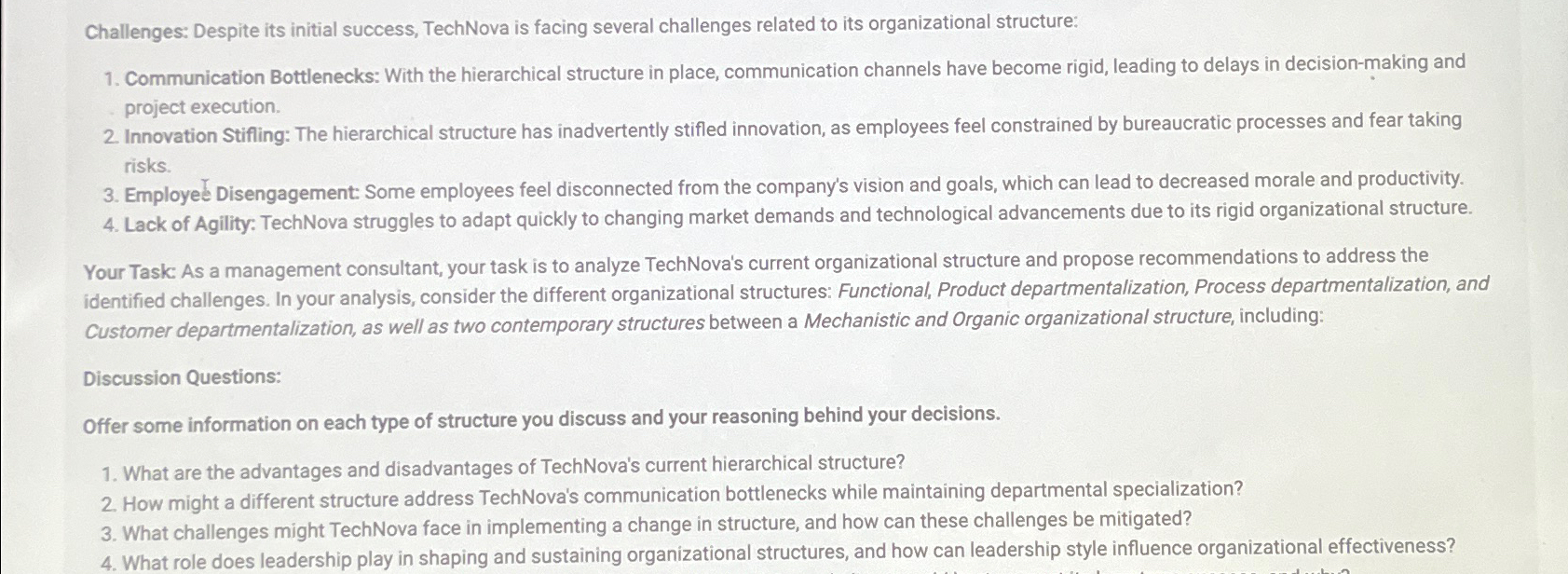  Challenges: Despite its initial success, TechNova is facing several challenges related