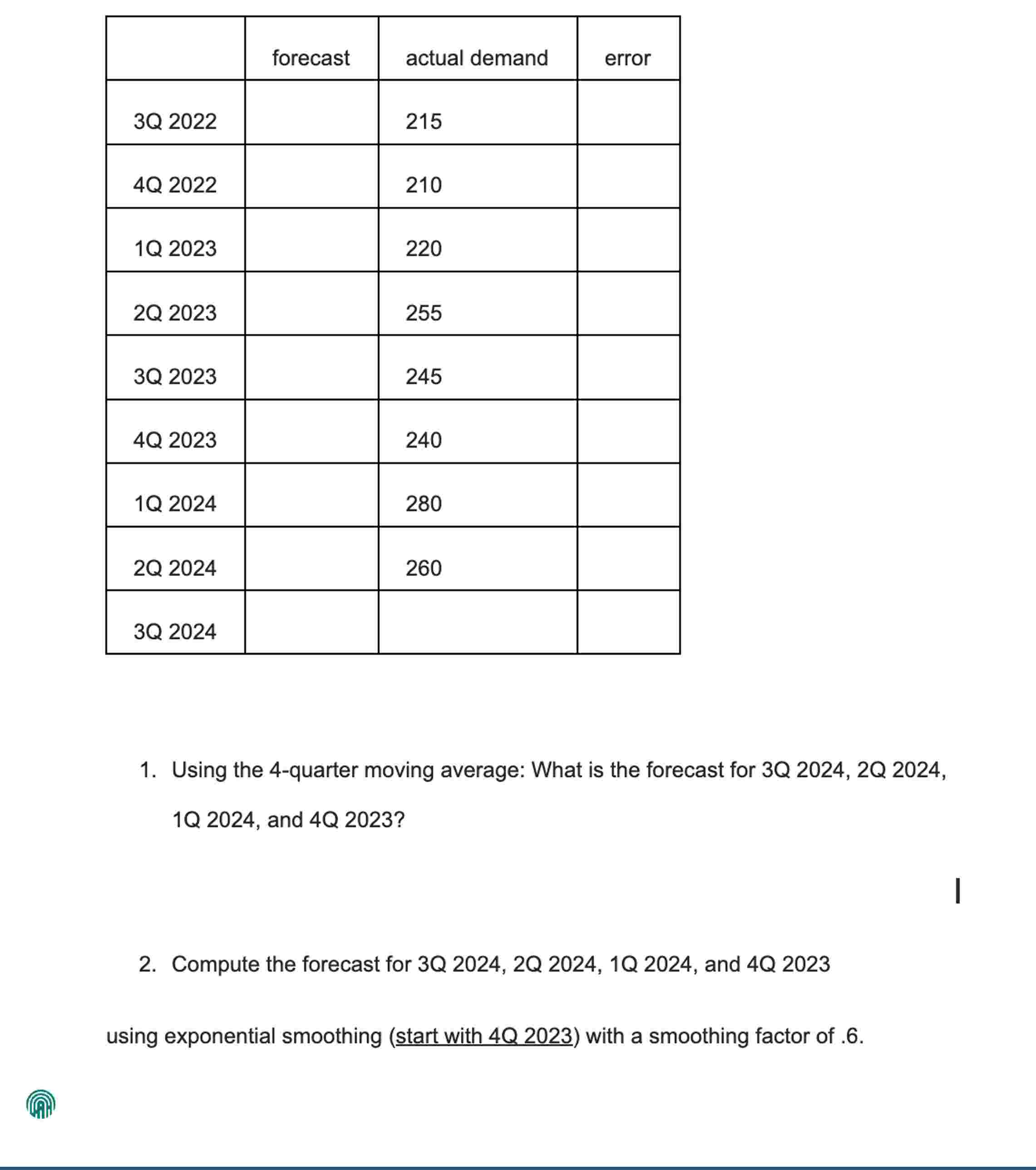  1. Using the 4-quarter moving average: What is the forecast for