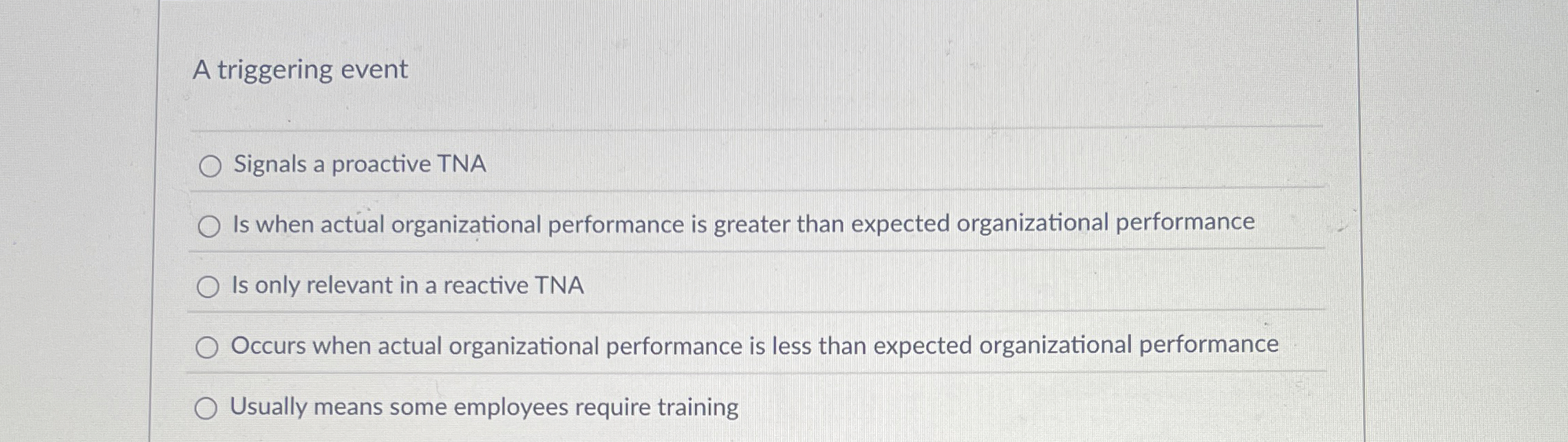  A triggering event Signals a proactive TNA Is when actual organizational