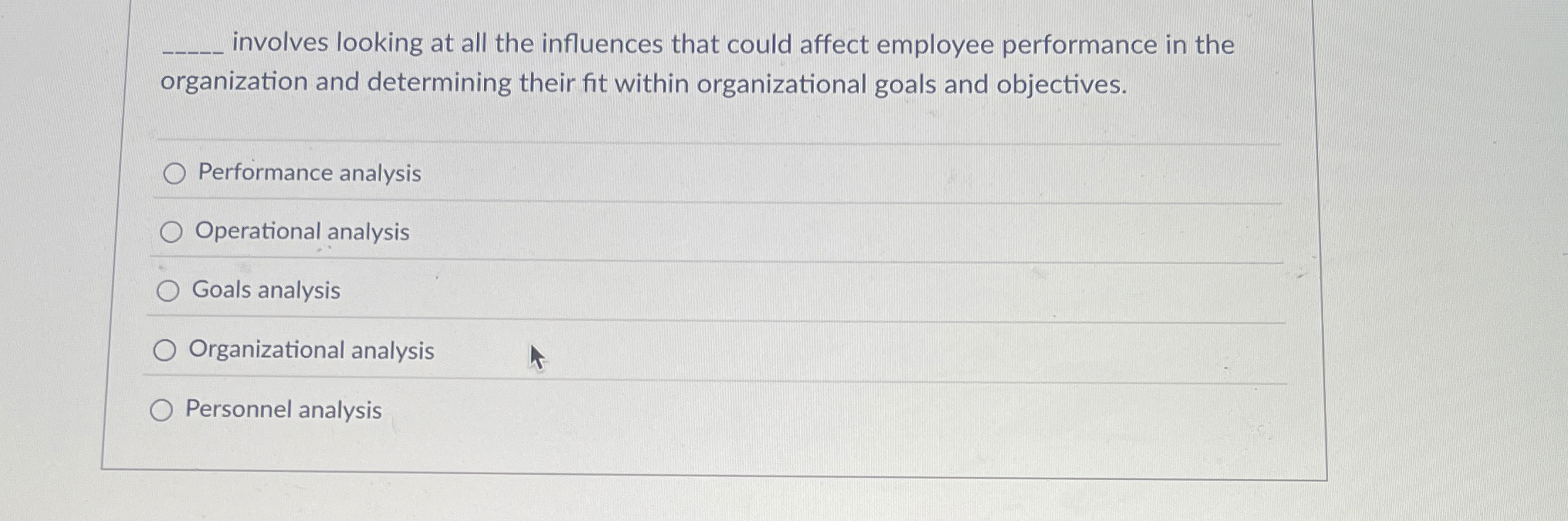  involves looking at all the influences that could affect employee performance