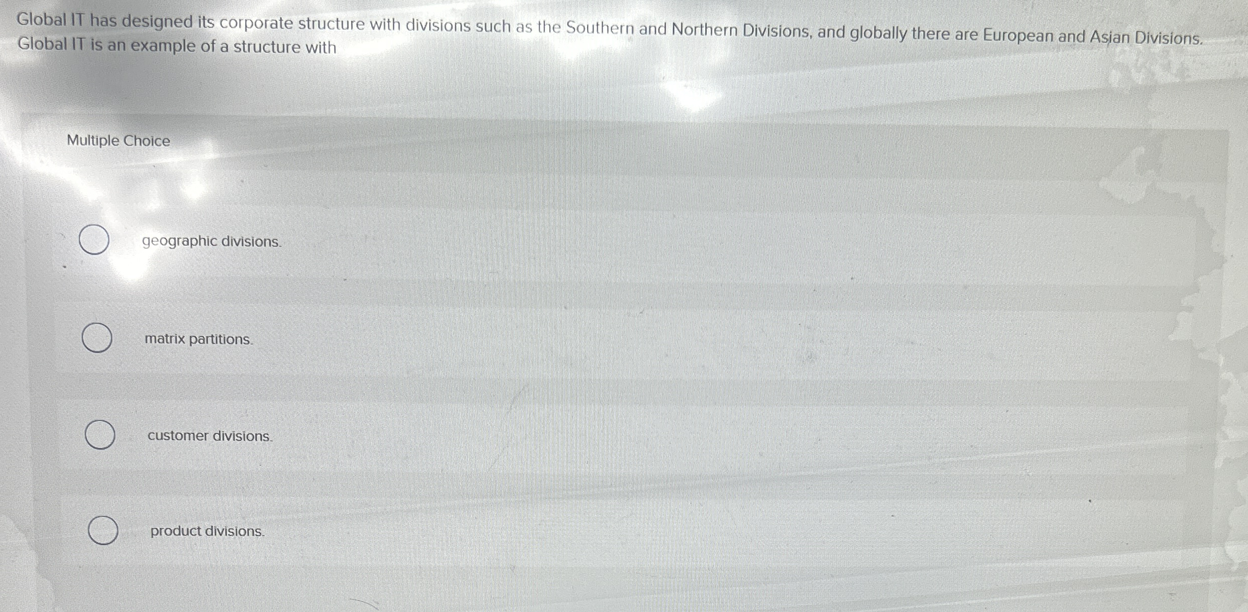  Global IT has designed its corporate structure with divisions such as