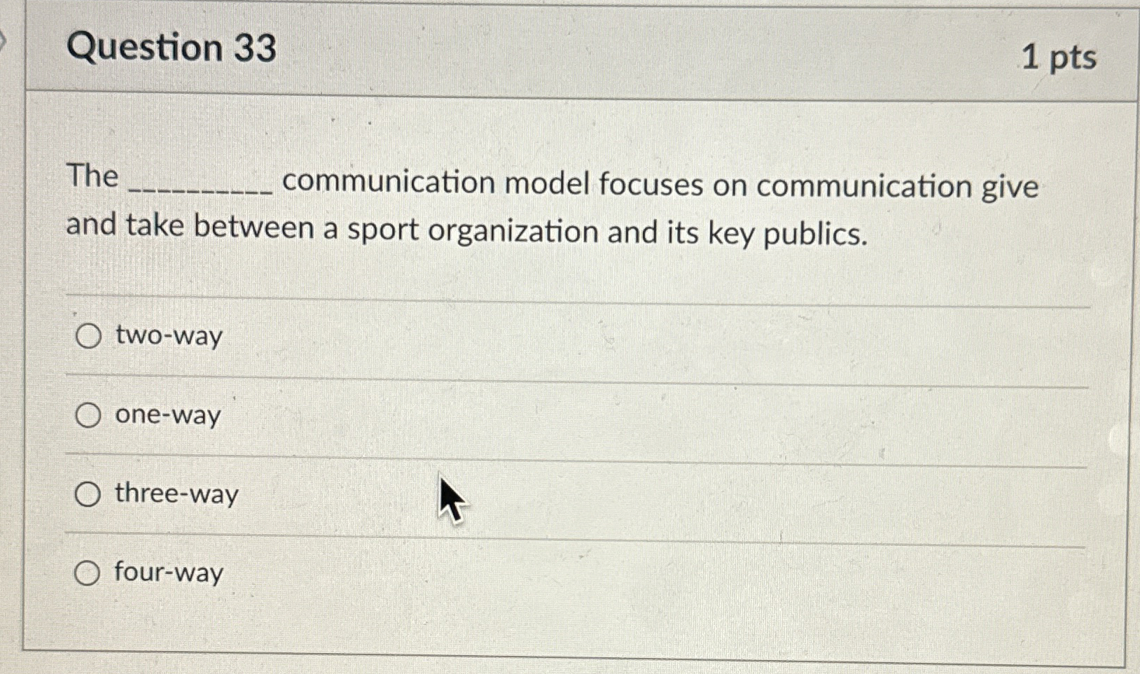  Question 33 1 pts The q, communication model focuses on communication
