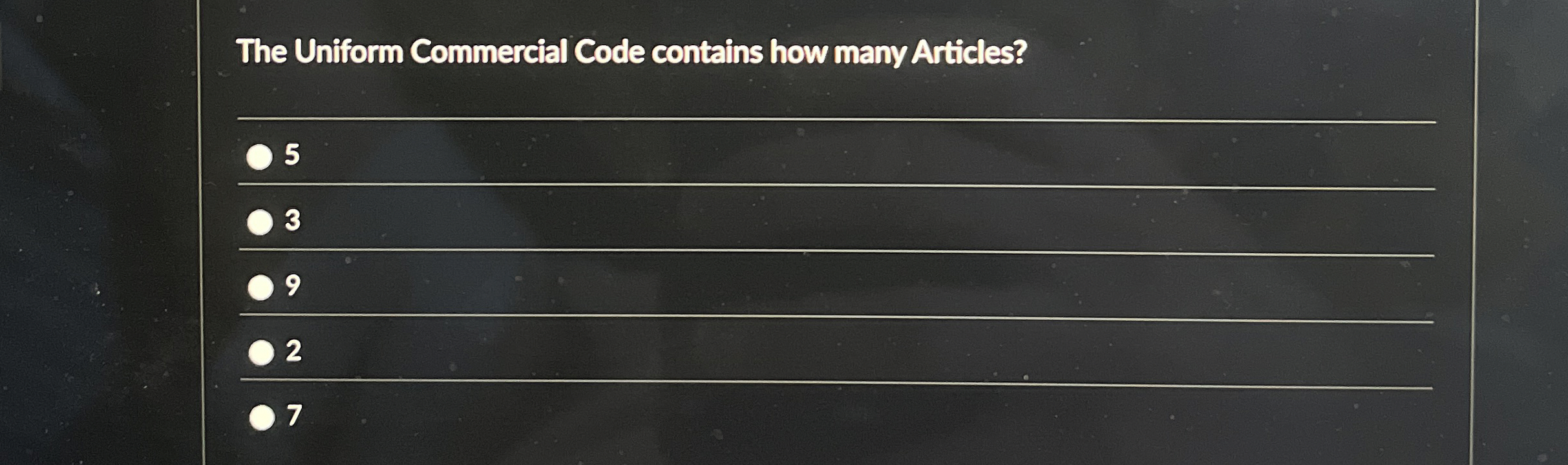  The Uniform Commercial Code contains how many Articles? 5 3 2