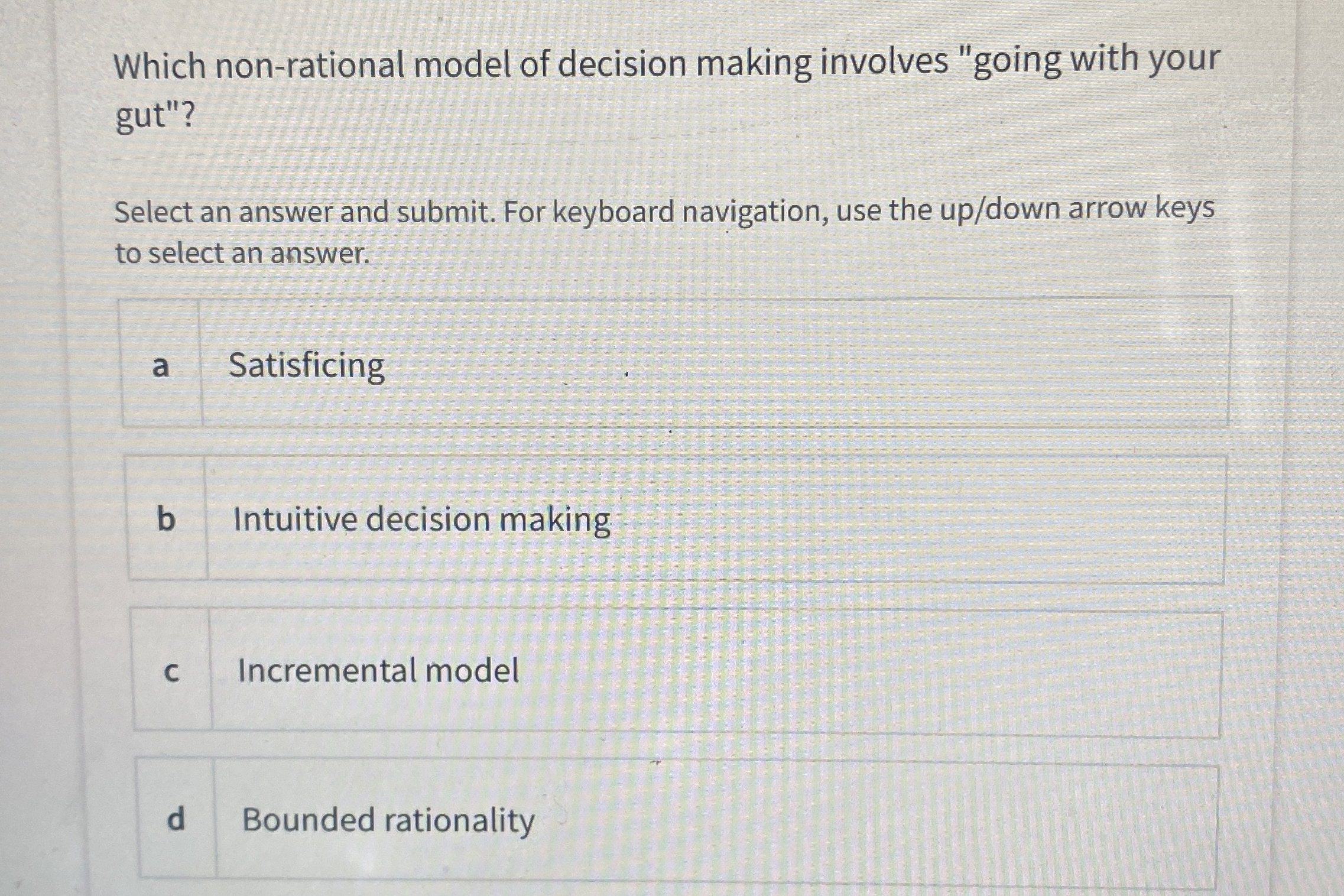  Which non-rational model of decision making involves "going with your gut"?