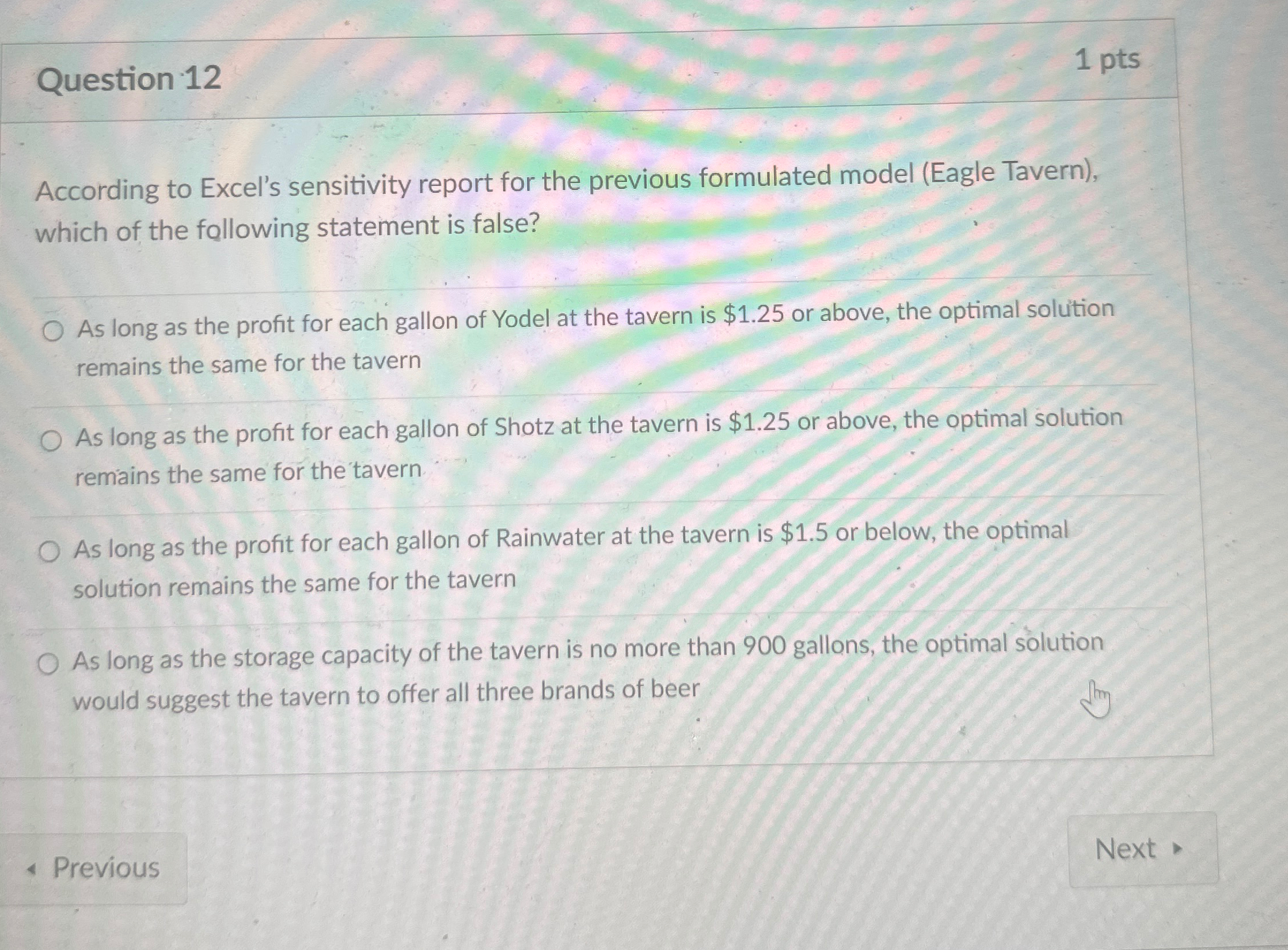  Question 12 1 pts According to Excel's sensitivity report for the