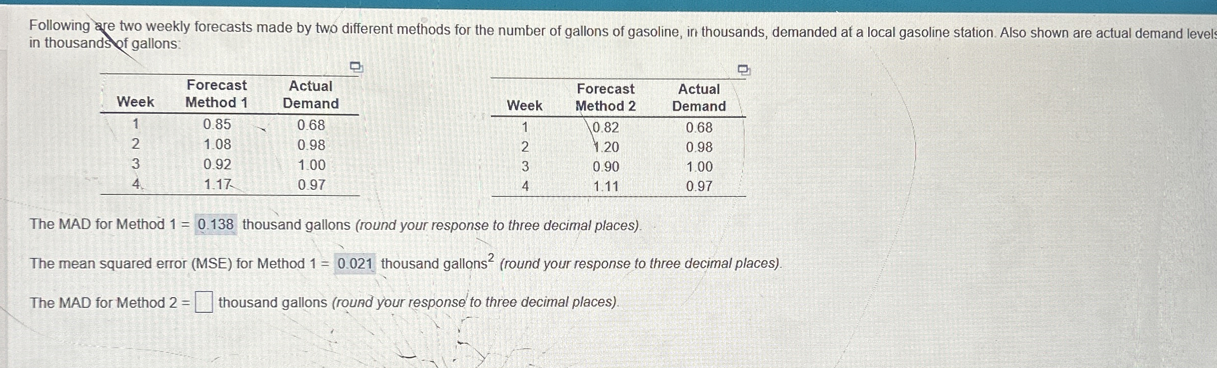  Following are two weekly forecasts made by two different methods for