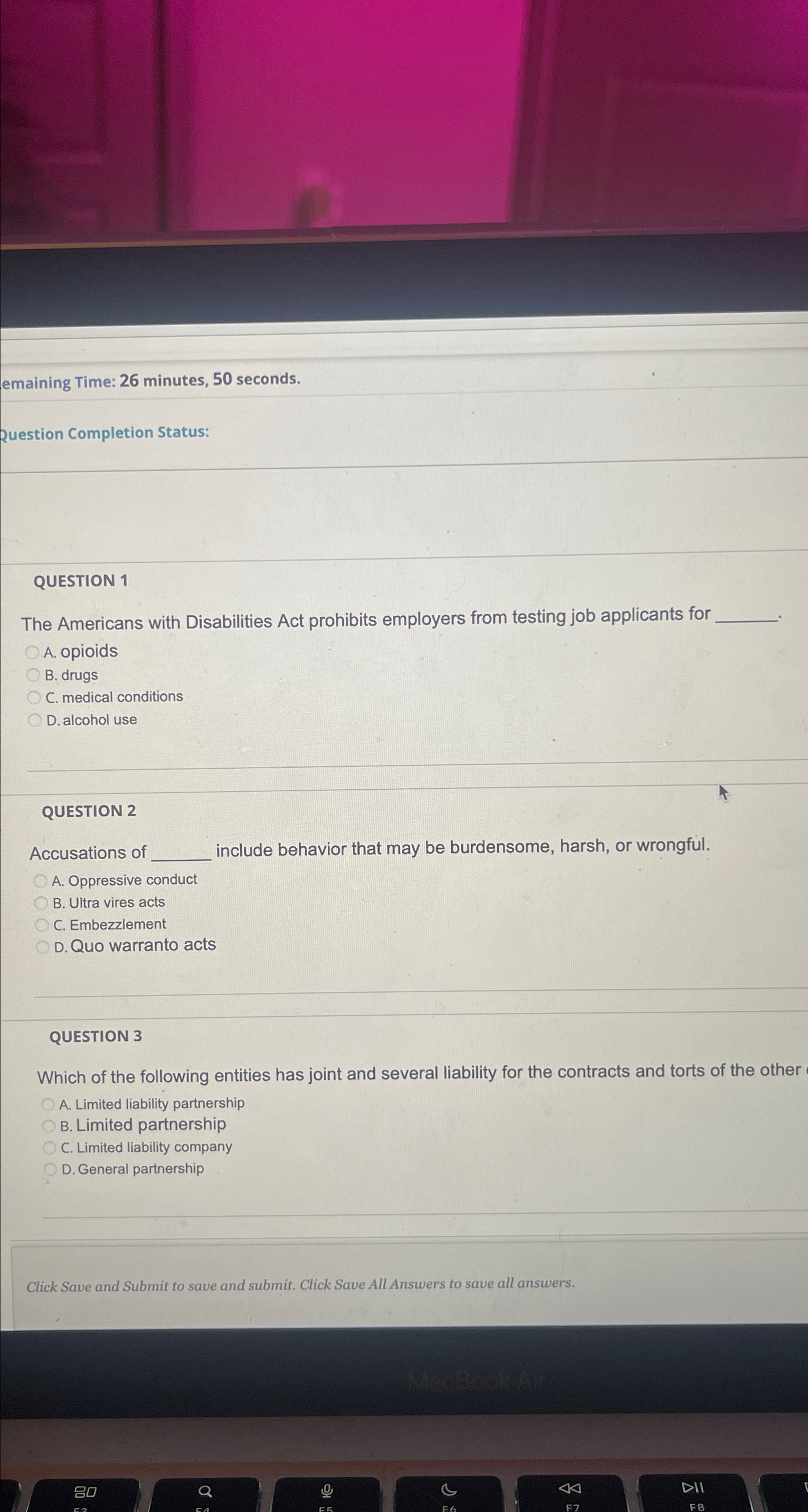  emaining Time: 26 minutes, 50 seconds. Question Completion Status: QUESTION 1