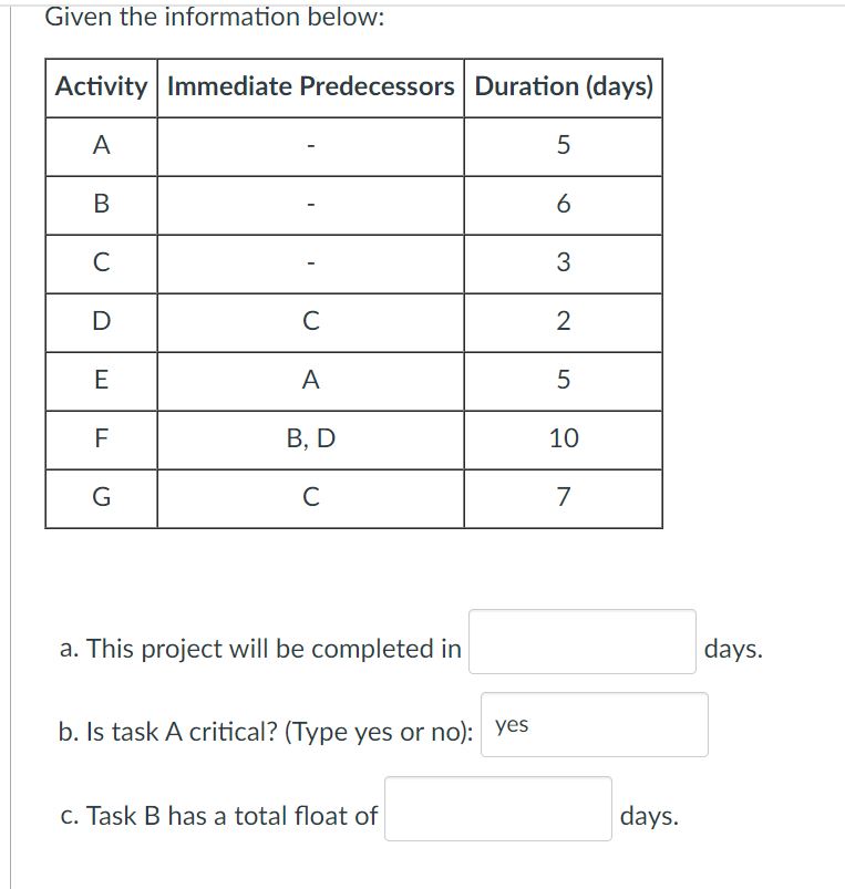  Given the information below: a. This project will be completed in