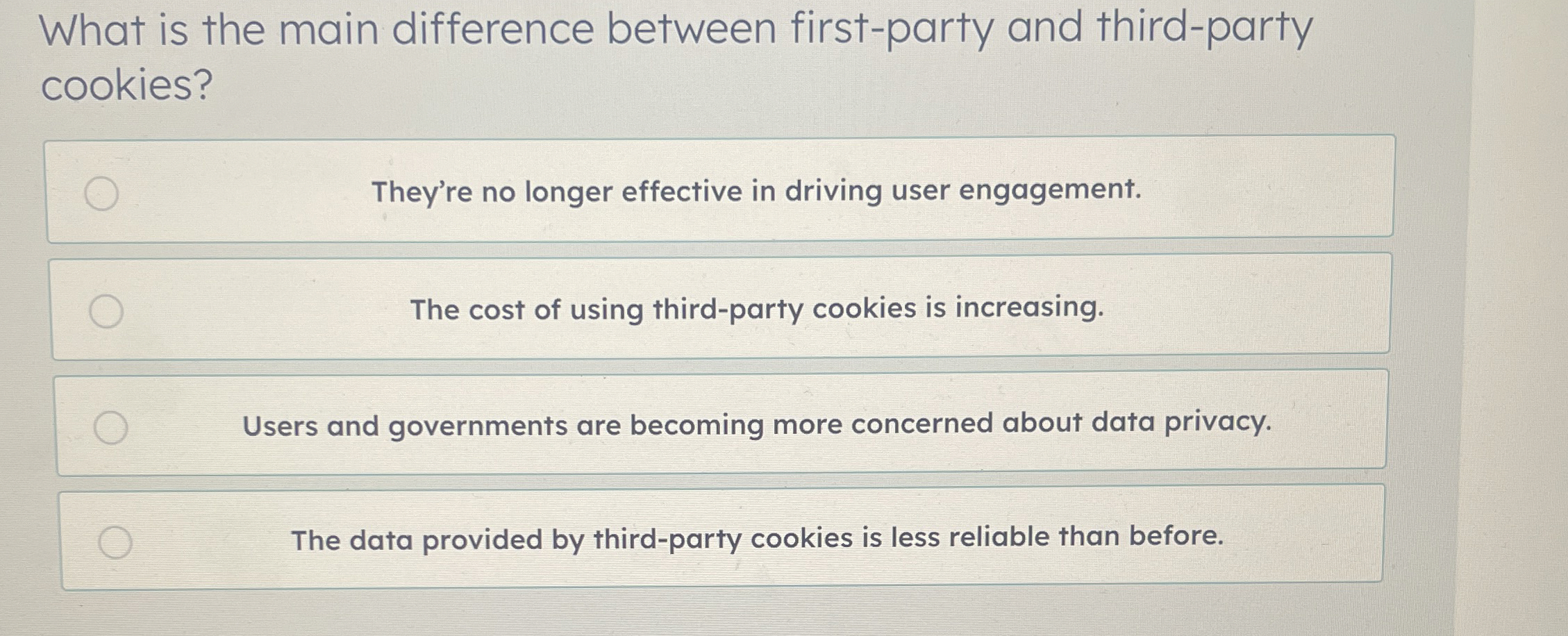  What is the main difference between first-party and third-party cookies? They're