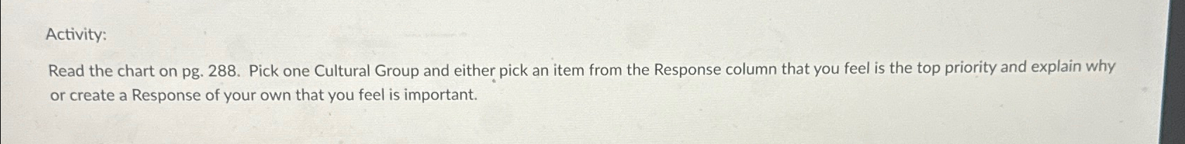  Activity: Read the chart on pg.288. Pick one Cultural Group and