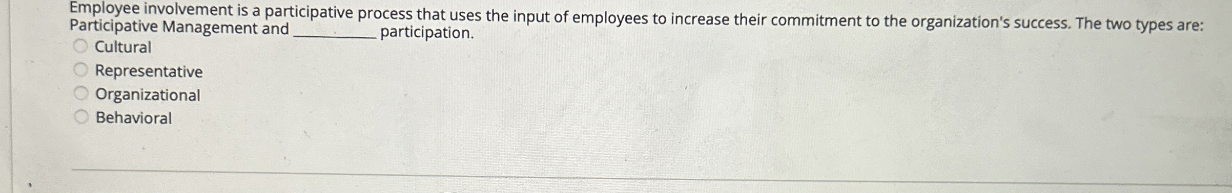  Employee involvement is a participative process that uses the input of