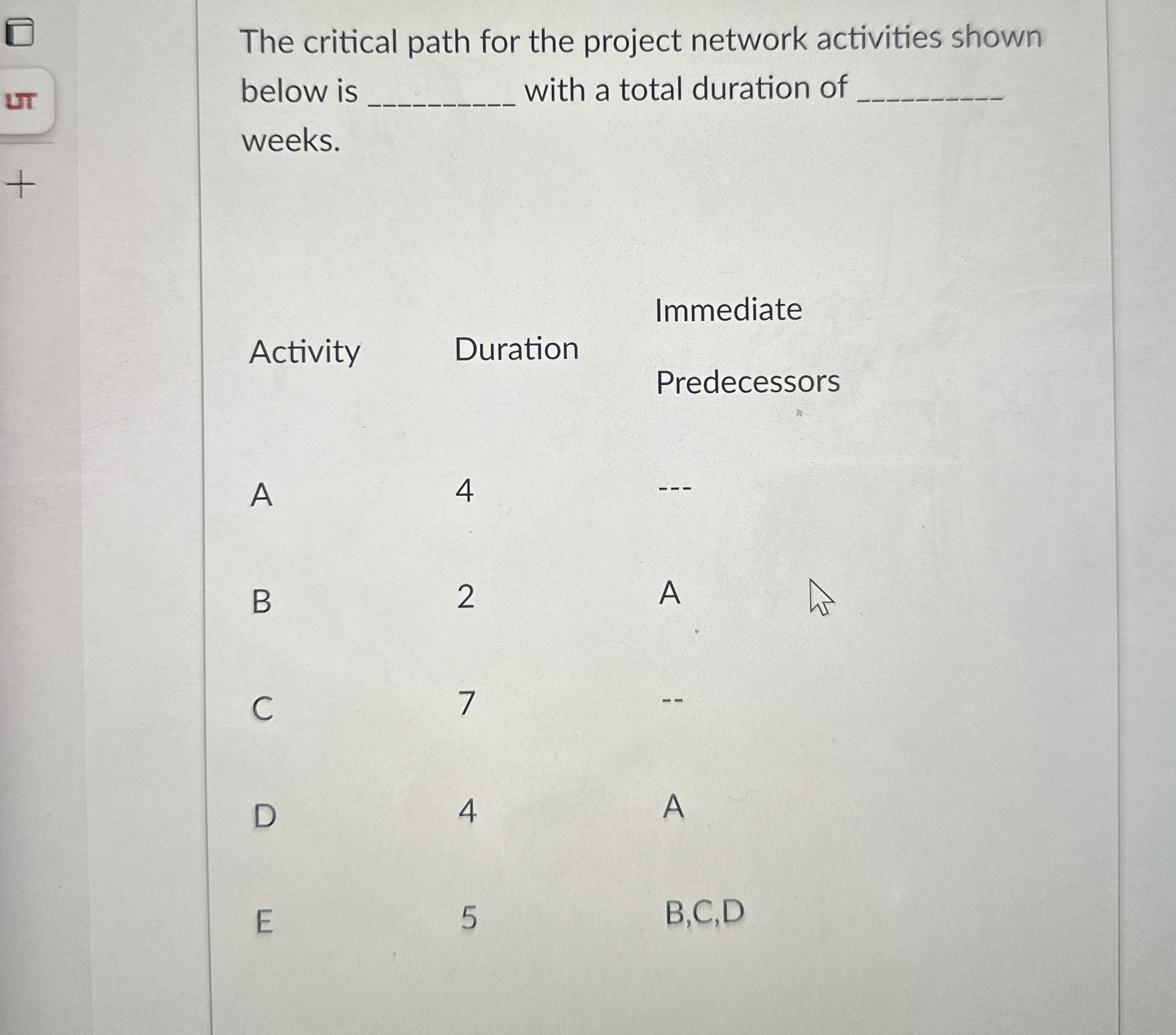  The critical path for the project network activities shown below is