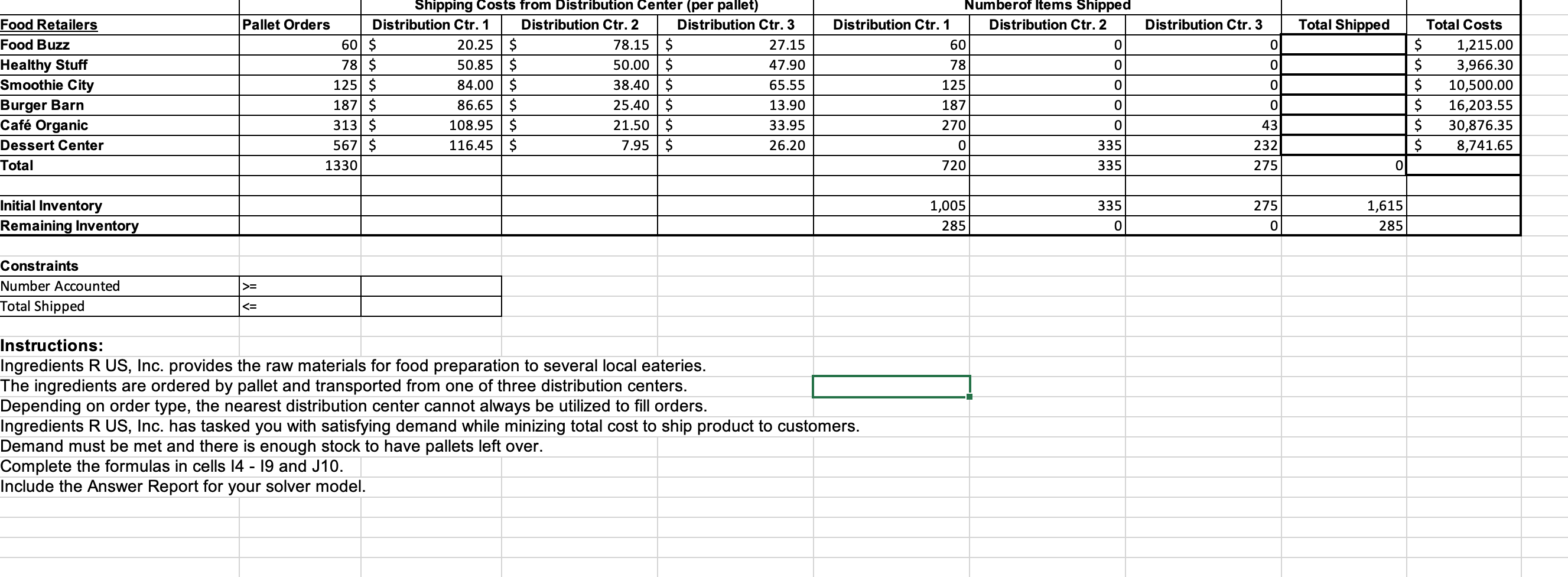  USE EXCEL TO SOLVE: Instructions: Ingredients R US, Inc. provides the