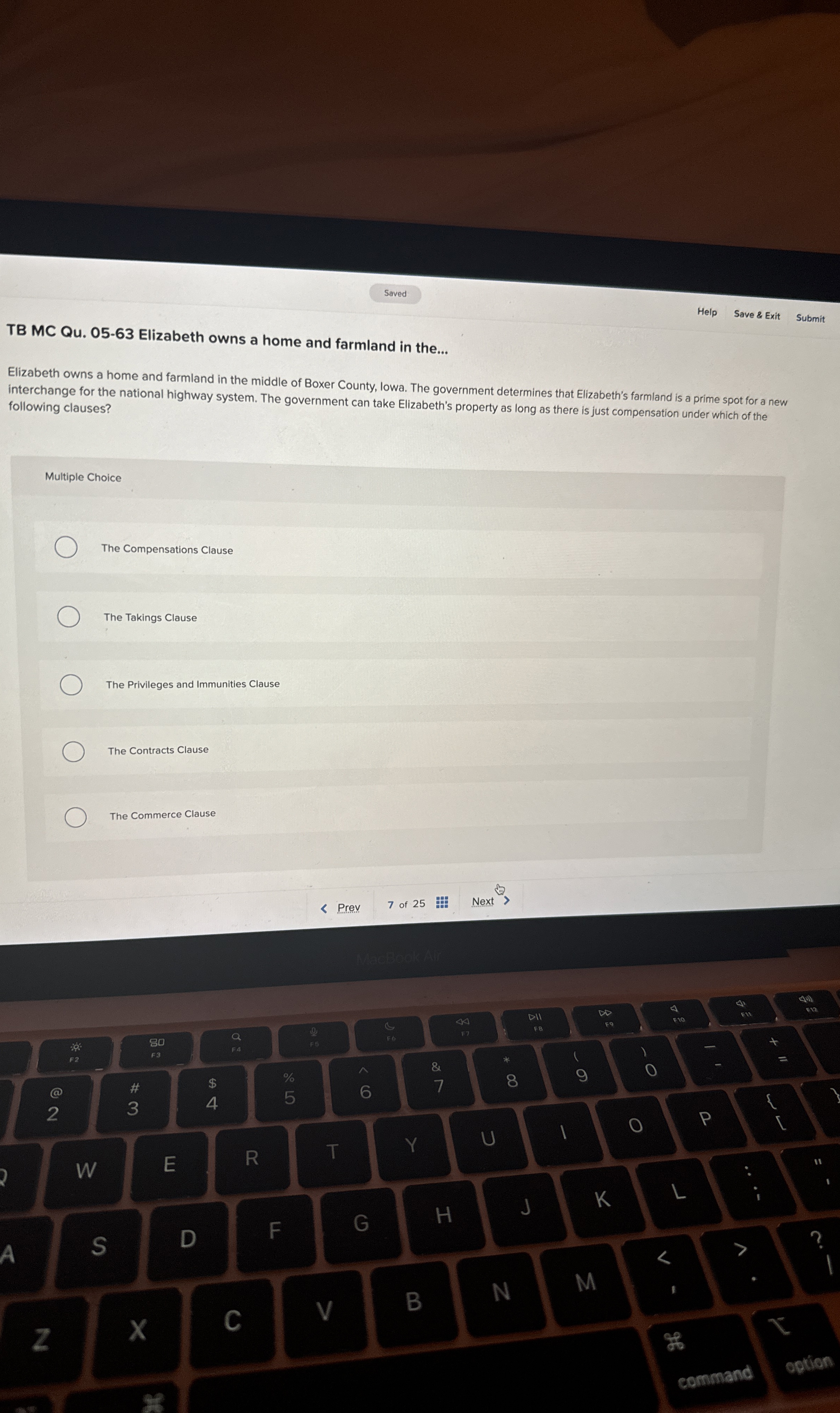  Saved Help Save & Exit Submit TB MC Qu.05-63 Elizabeth owns