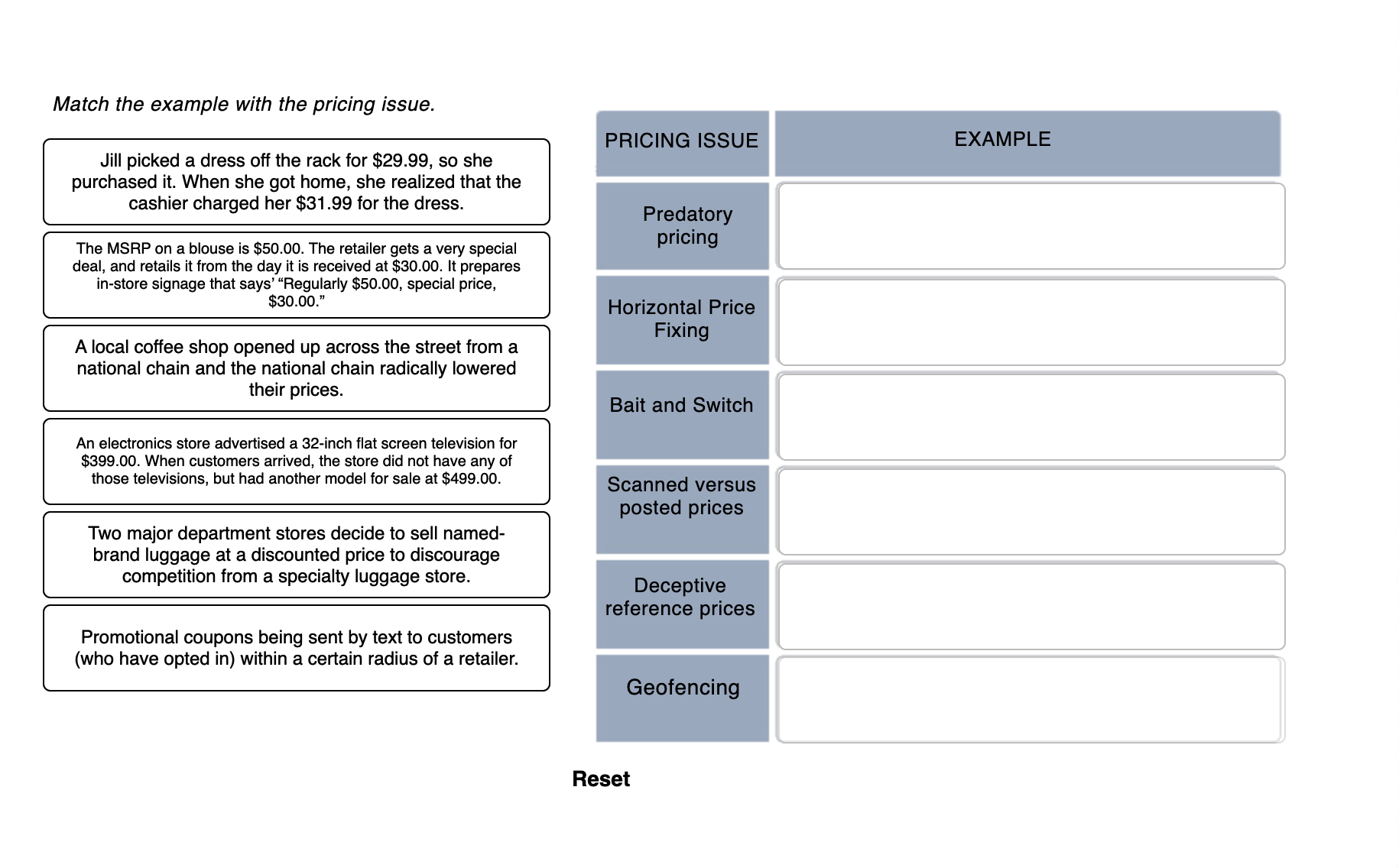  Match the example with the pricing issue. Jill picked a dress