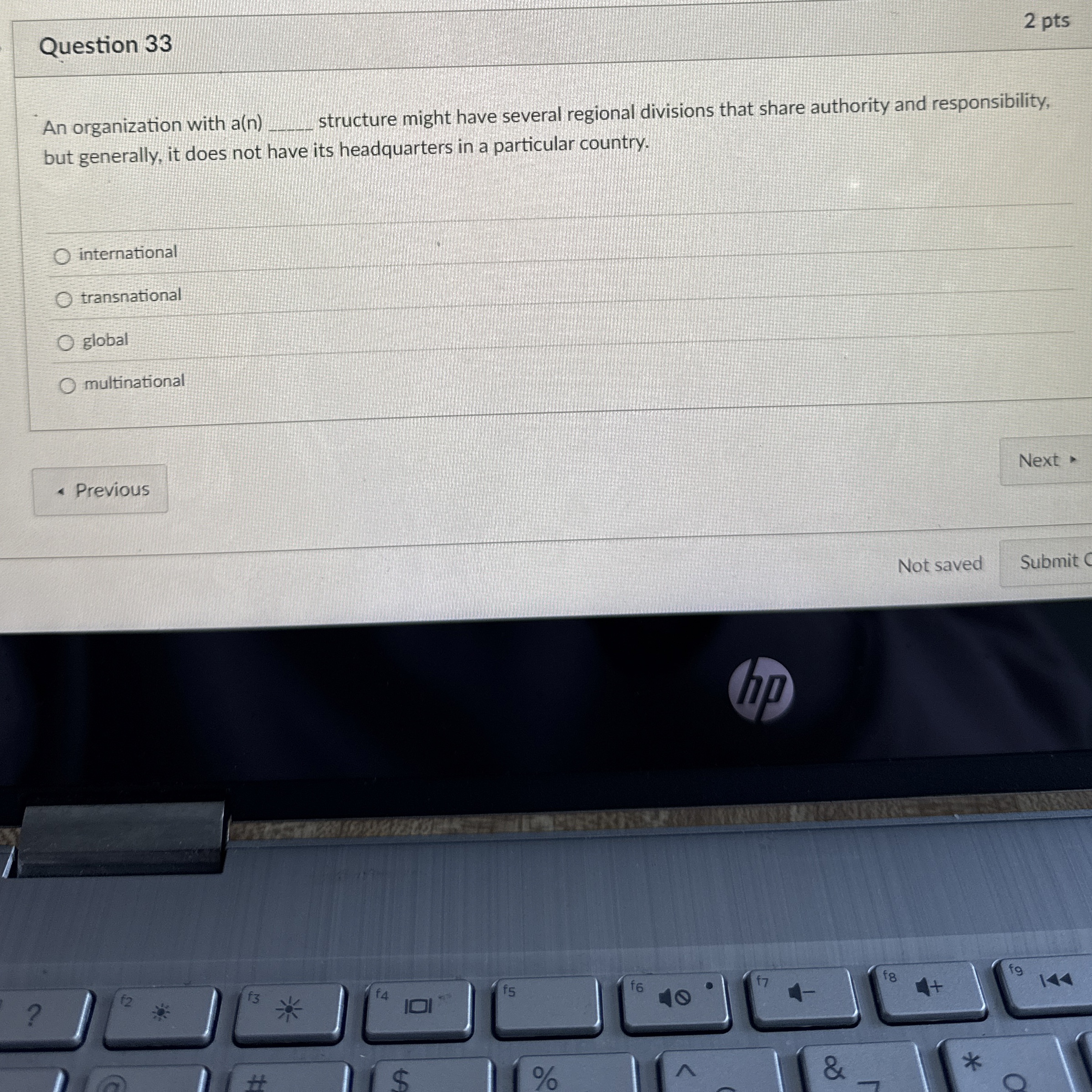  Question 33 2 pts An organization with a(n)q, structure might have